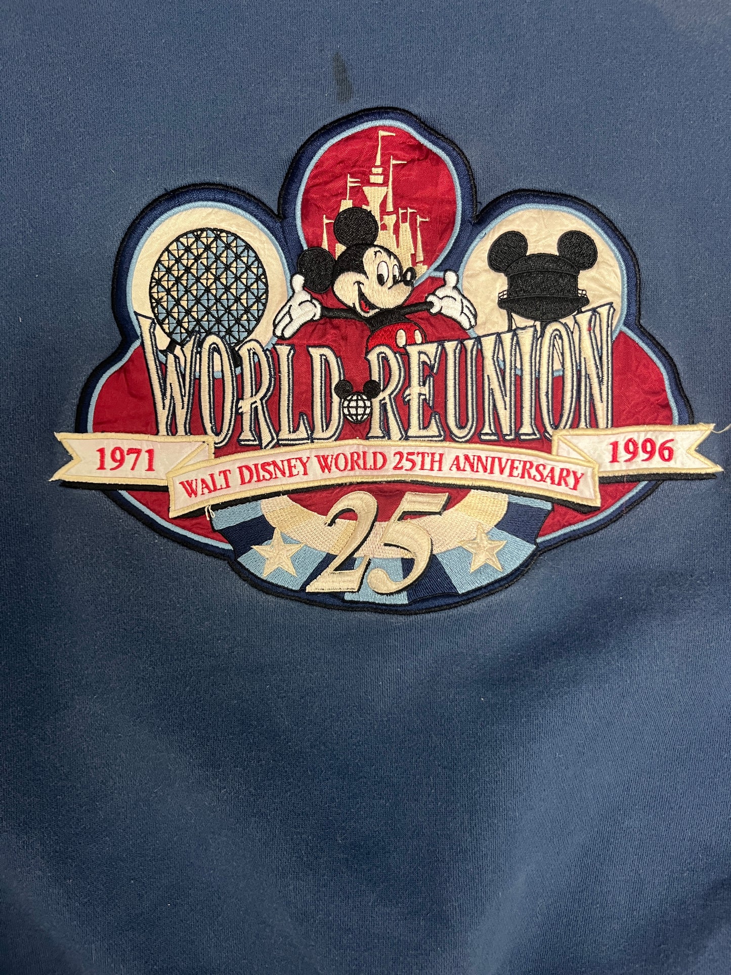Walt Disney 25th Anniversary Embroidered Graphic Crewneck | Size Medium | Vintage 1990s Blue Mickey Mouse Disney Sweater |