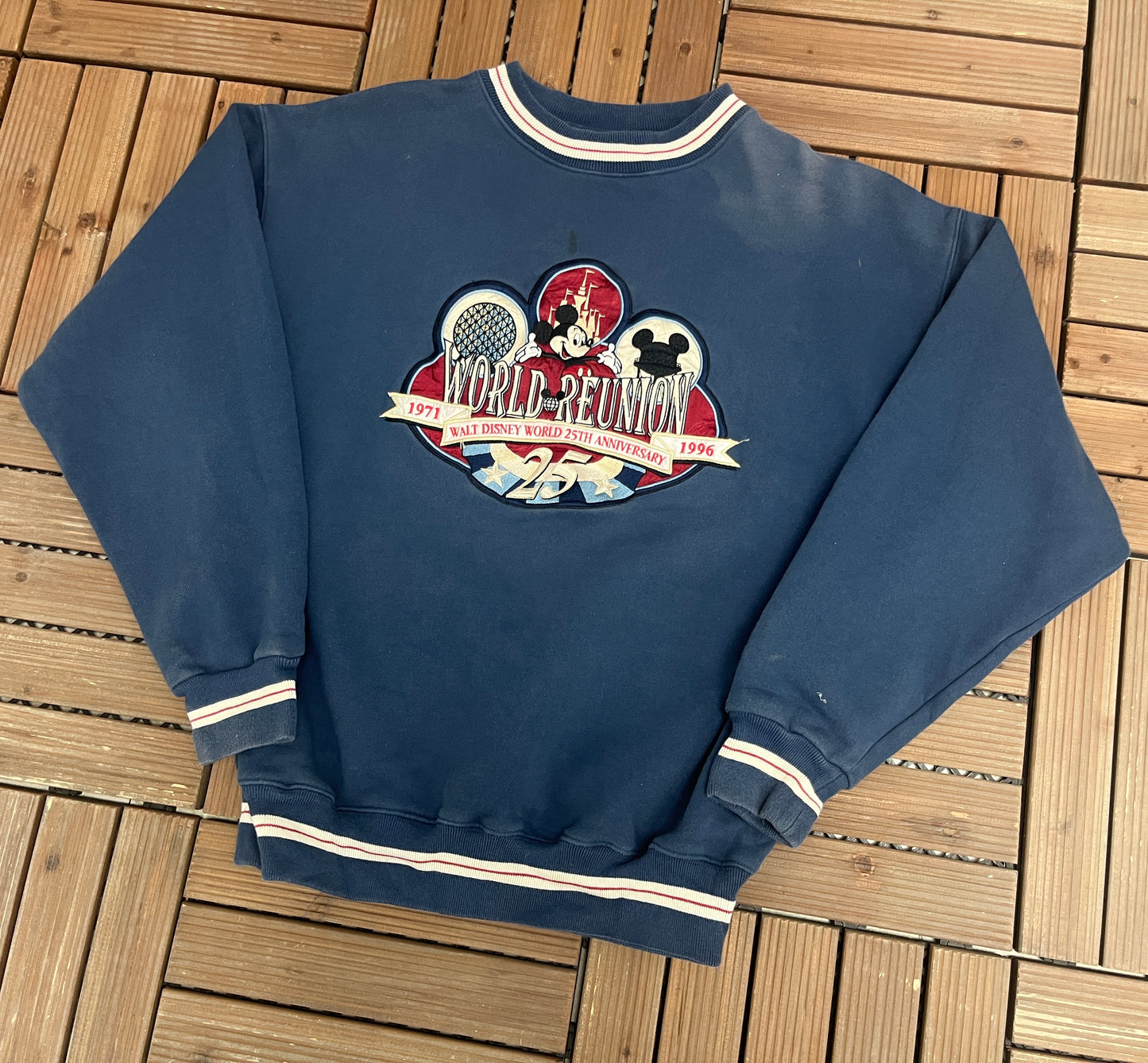 Walt Disney 25th Anniversary Embroidered Graphic Crewneck | Size Medium | Vintage 1990s Blue Mickey Mouse Disney Sweater |