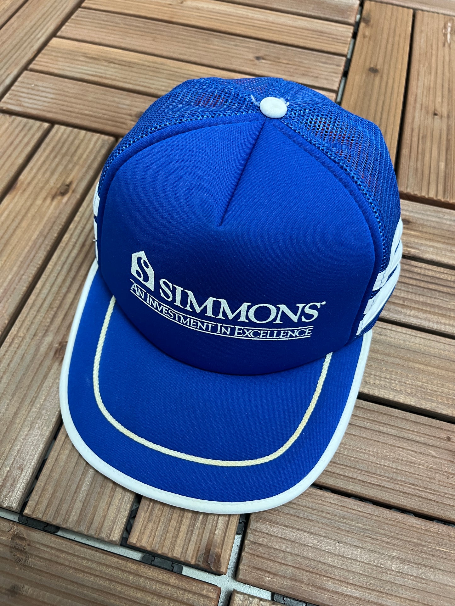 Simmons An Investment in Excellence Graphic Hat | Snap Back | Vintage 1990s Promotional Trucker Blue Cap |