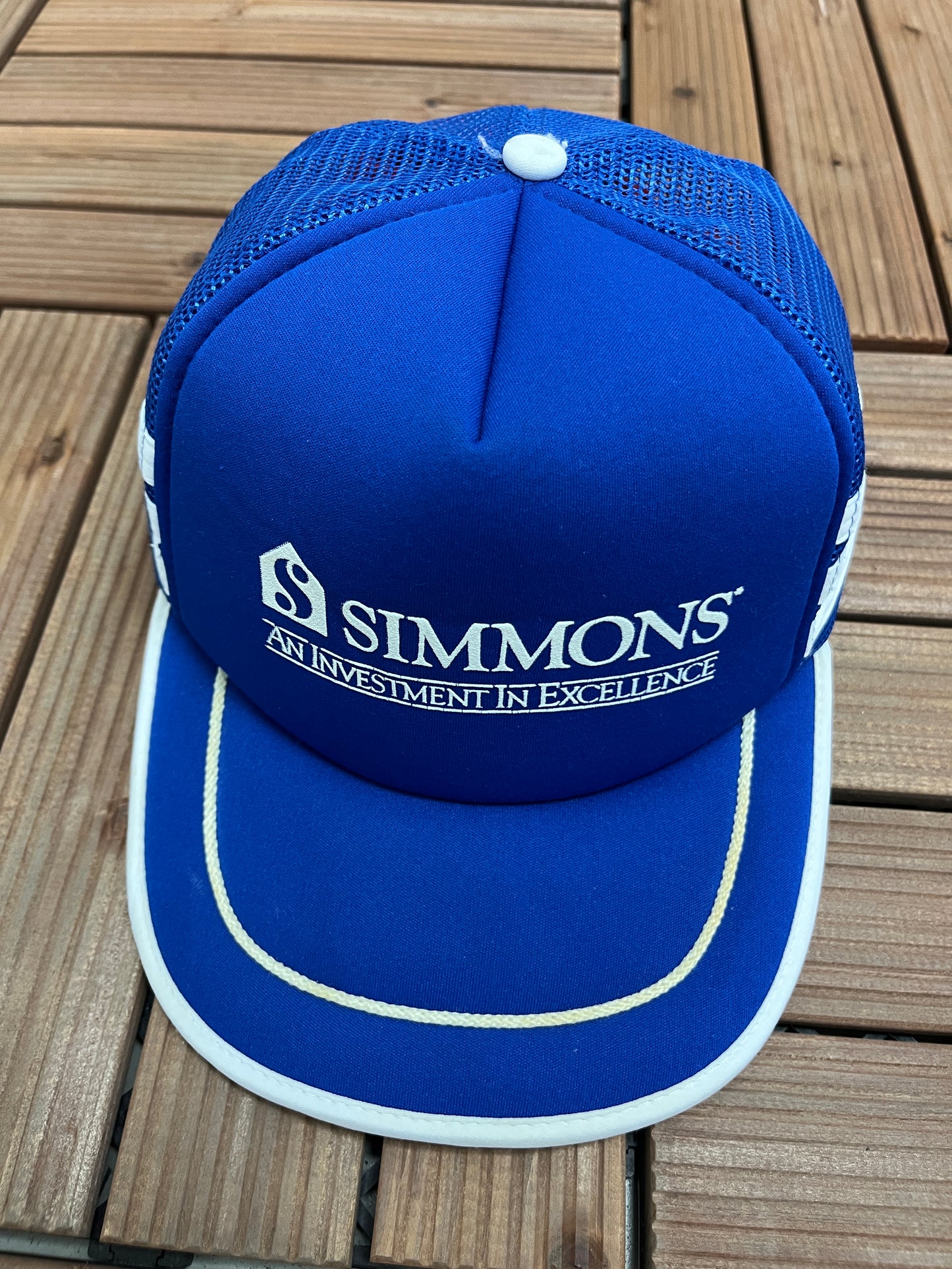 Simmons An Investment in Excellence Graphic Hat | Snap Back | Vintage 1990s Promotional Trucker Blue Cap |