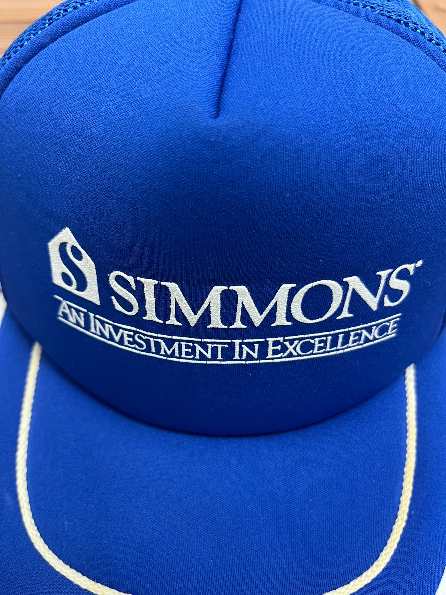 Simmons An Investment in Excellence Graphic Hat | Snap Back | Vintage 1990s Promotional Trucker Blue Cap |