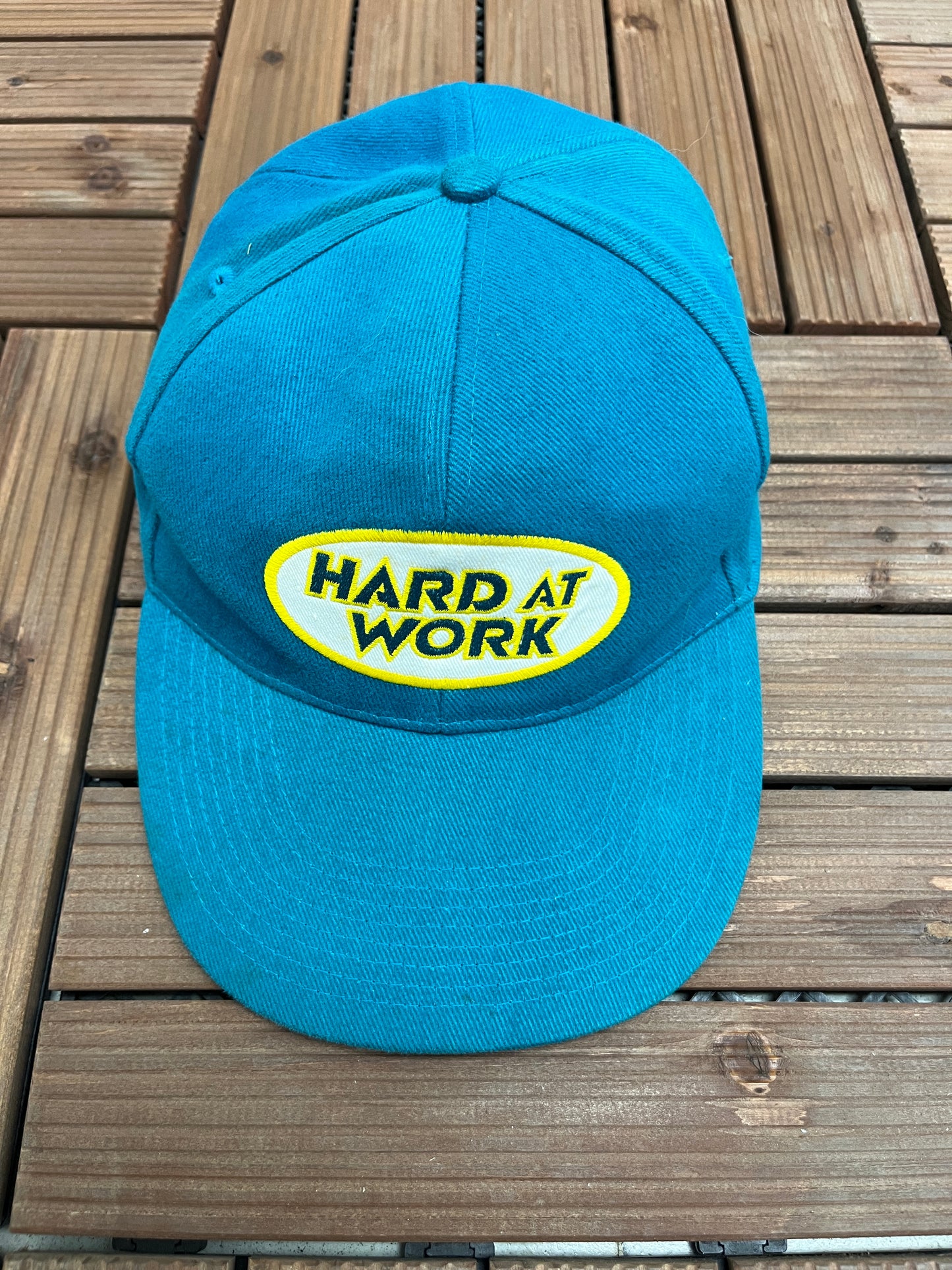 Hard At Work Embroidered Graphic Hat | Adjustable With Strap Back | Vintage 2000s Promotional Green Cap |