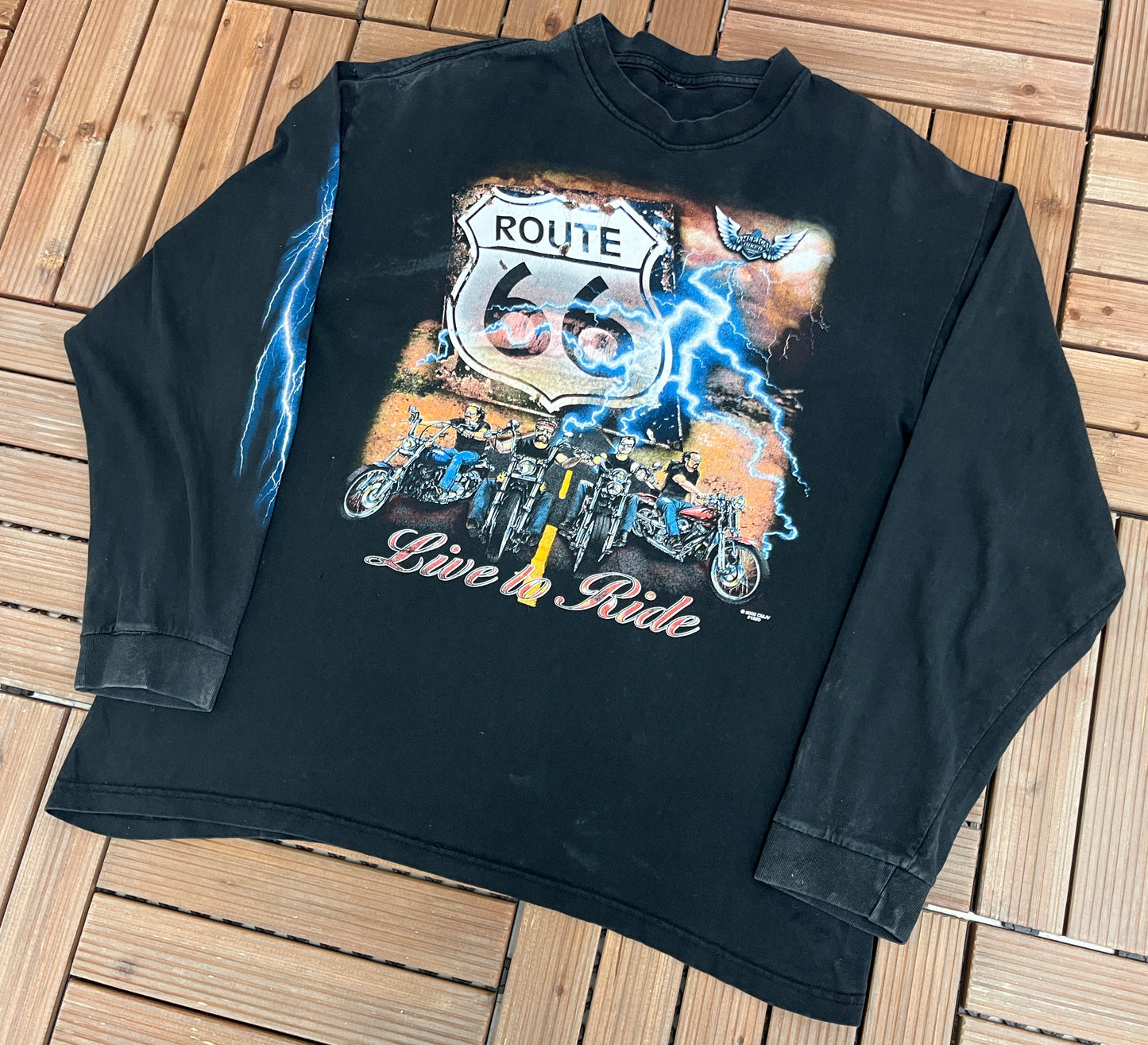 Route 66 Live To Ride Graphic Tee | Size X-Large | Vintage 2000s Biker Promotional Tourist Black T-Shirt |