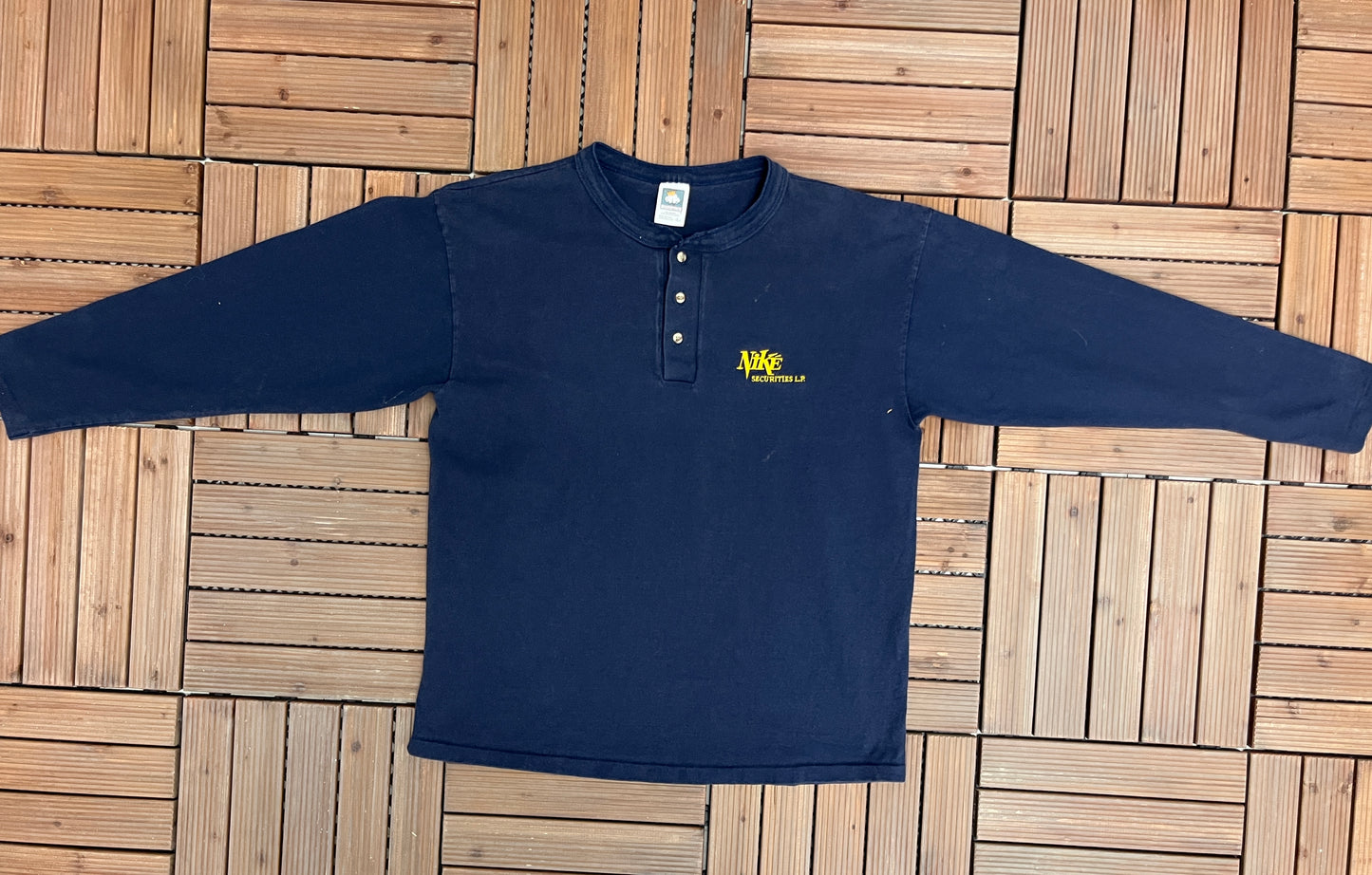 Nike Securities L.P. Embroidered Graphic Tee | Size Large | Vintage 1990s Nike Bootleg Long Sleeve Blue T-Shirt | Free Shipping to USA |