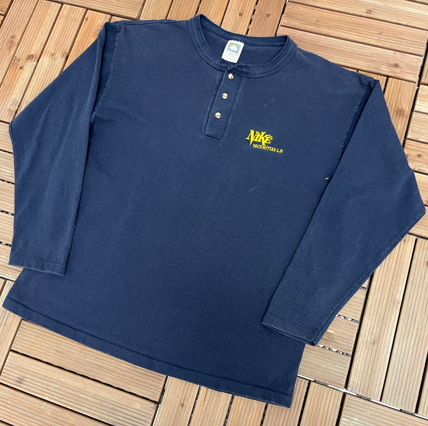 Nike Securities L.P. Embroidered Graphic Tee | Size Large | Vintage 1990s Nike Bootleg Long Sleeve Blue T-Shirt | Free Shipping to USA |