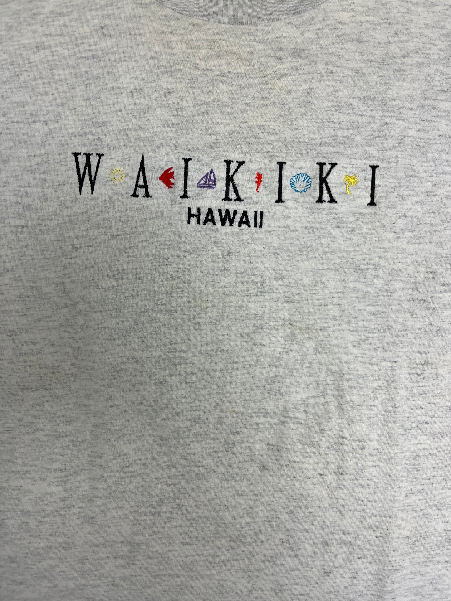 Waikiki, Hawaii Embroidered Graphic Tee | Size Large | Vintage 1990s Single Stitch Layered Grey T-Shirt |