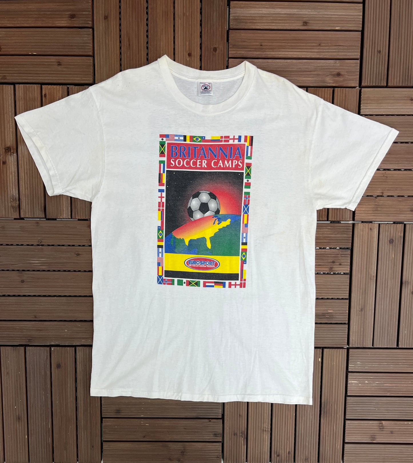 Brittania Soccer Camps Reebok Soccer Graphic Tee | Size Large | Vintage 1990s Branded Soccer Football White T-Shirt | Free Shipping to USA |