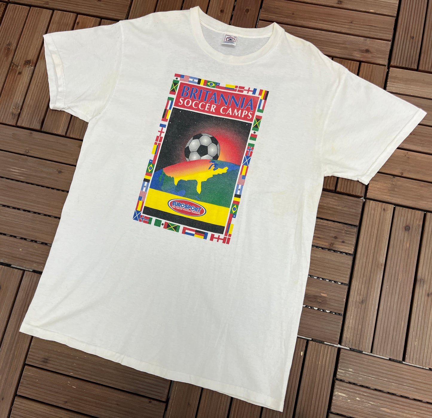 Brittania Soccer Camps Reebok Soccer Graphic Tee | Size Large | Vintage 1990s Branded Soccer Football White T-Shirt | Free Shipping to USA |