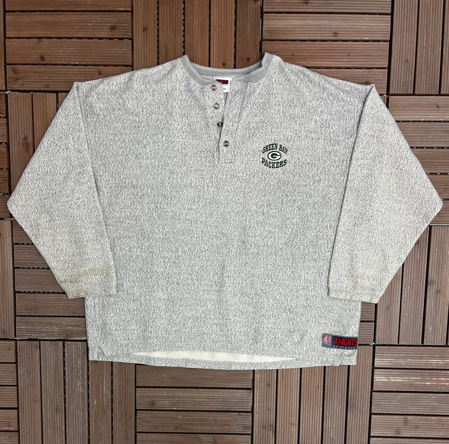 Green Bay Packers Embroidered Graphic Quarter Button Sweater | Size X-Large | Vintage 1990s NFL Football Grey Sweater |