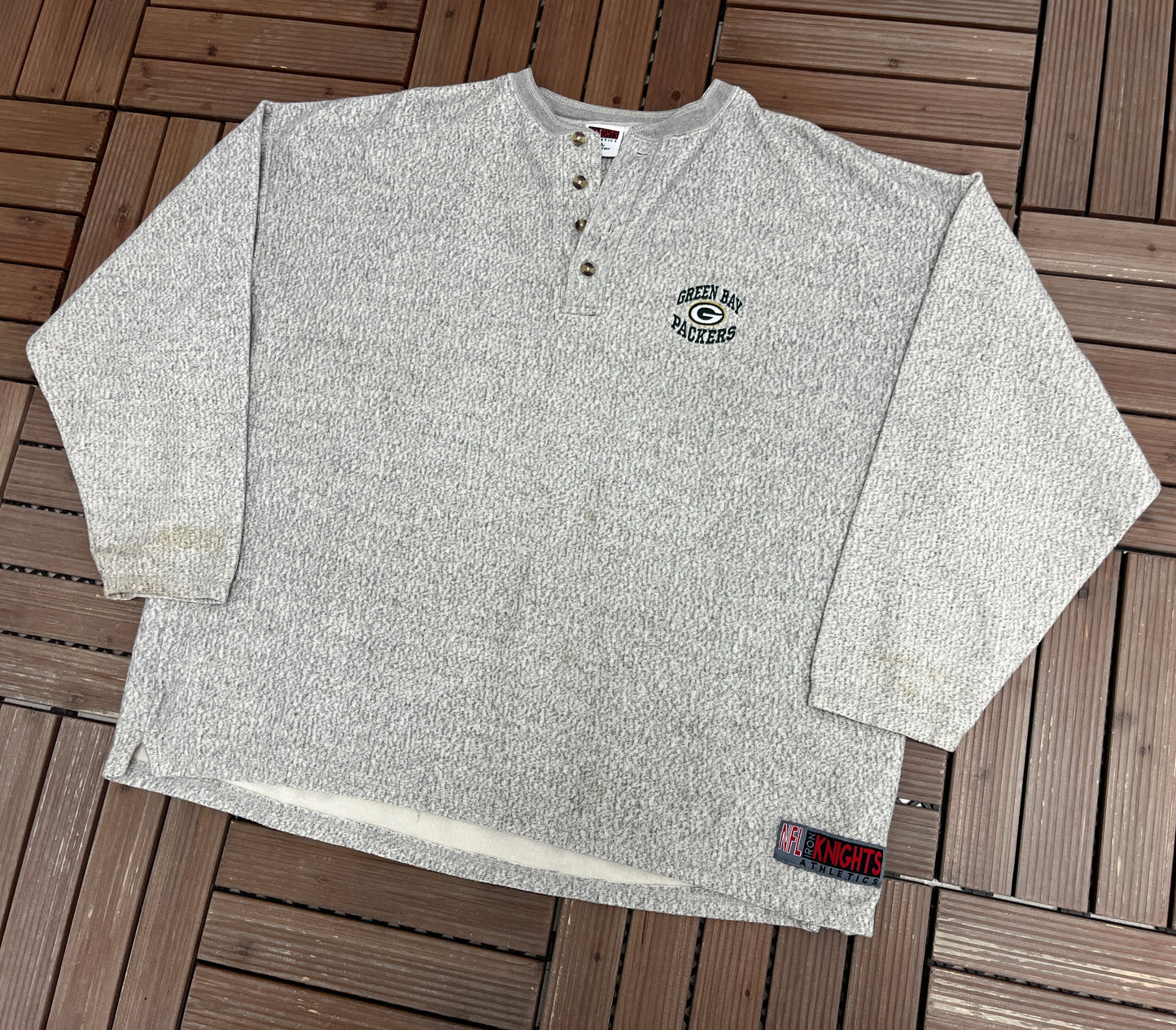Green Bay Packers Embroidered Graphic Quarter Button Sweater | Size X-Large | Vintage 1990s NFL Football Grey Sweater |