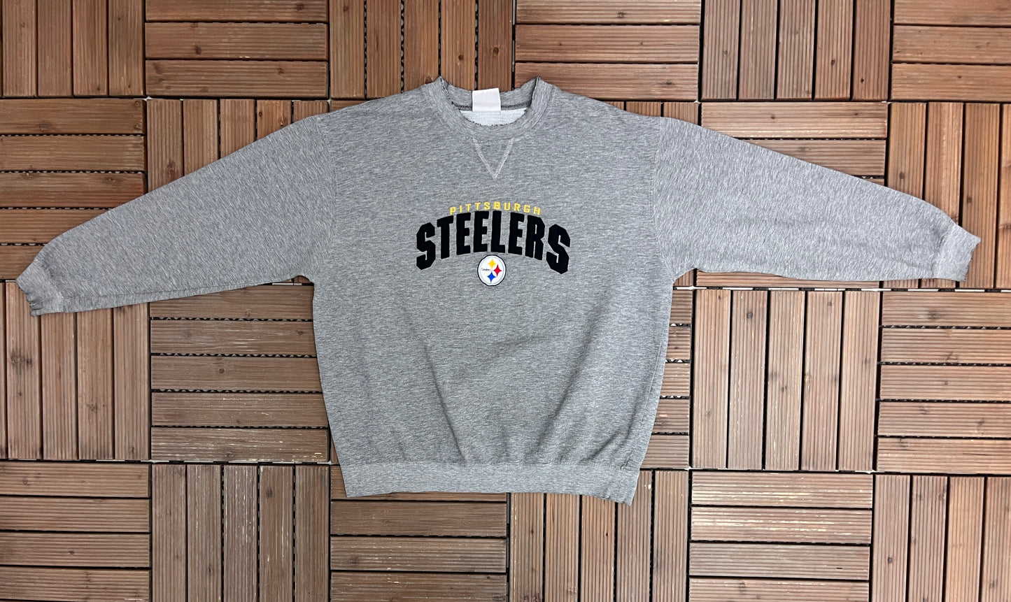 Pittsburgh Steelers Stitched Graphic Crewneck | Size Large | Vintage 1990s NFL Football Grey Sweater |