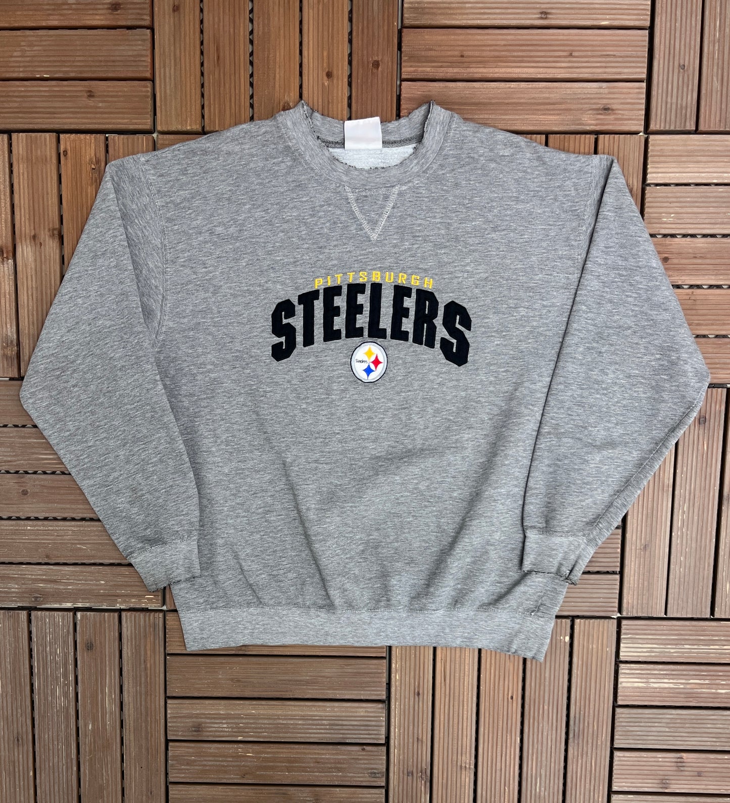 Pittsburgh Steelers Stitched Graphic Crewneck | Size Large | Vintage 1990s NFL Football Grey Sweater |
