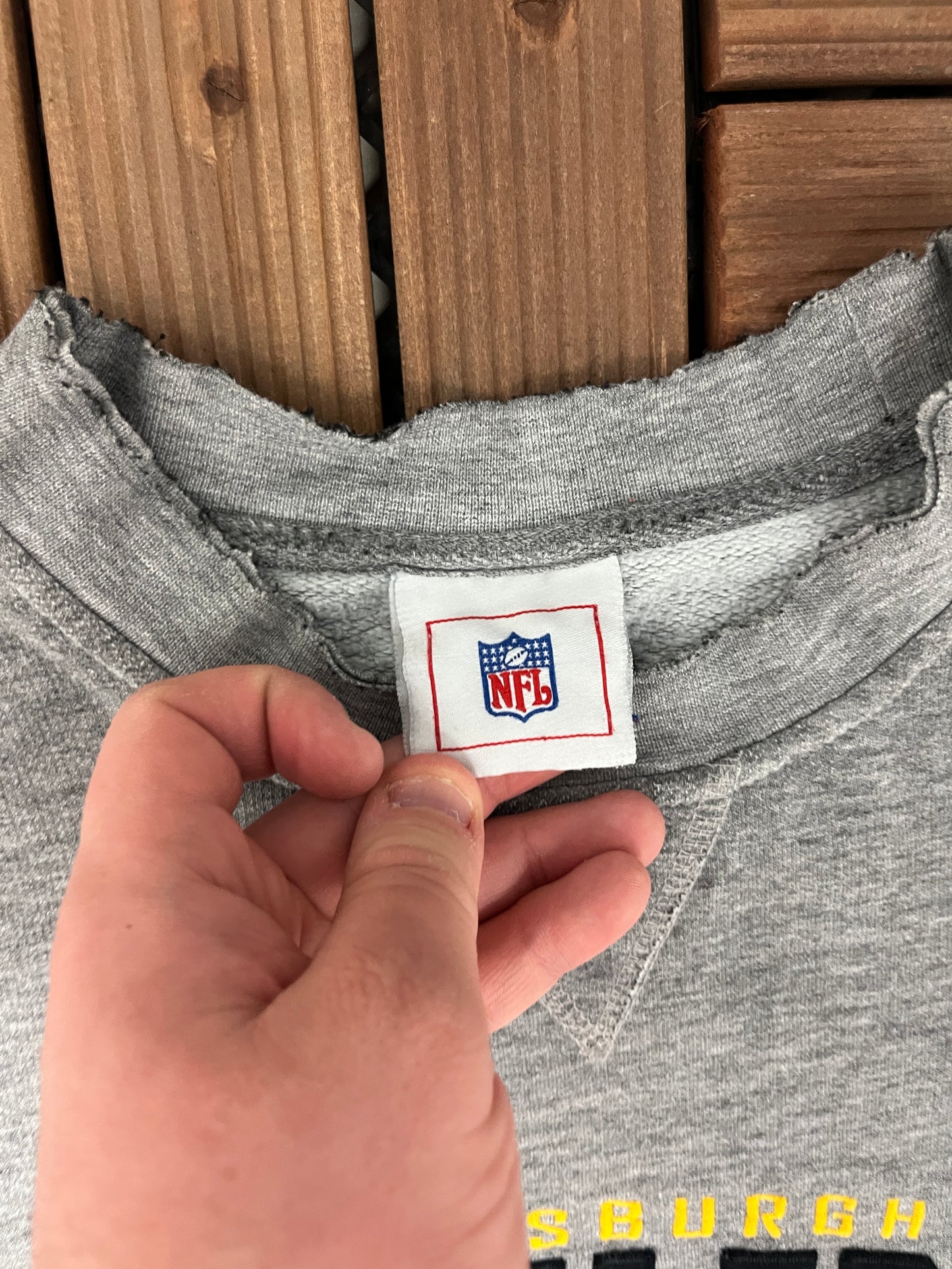 Pittsburgh Steelers Stitched Graphic Crewneck | Size Large | Vintage 1990s NFL Football Grey Sweater |