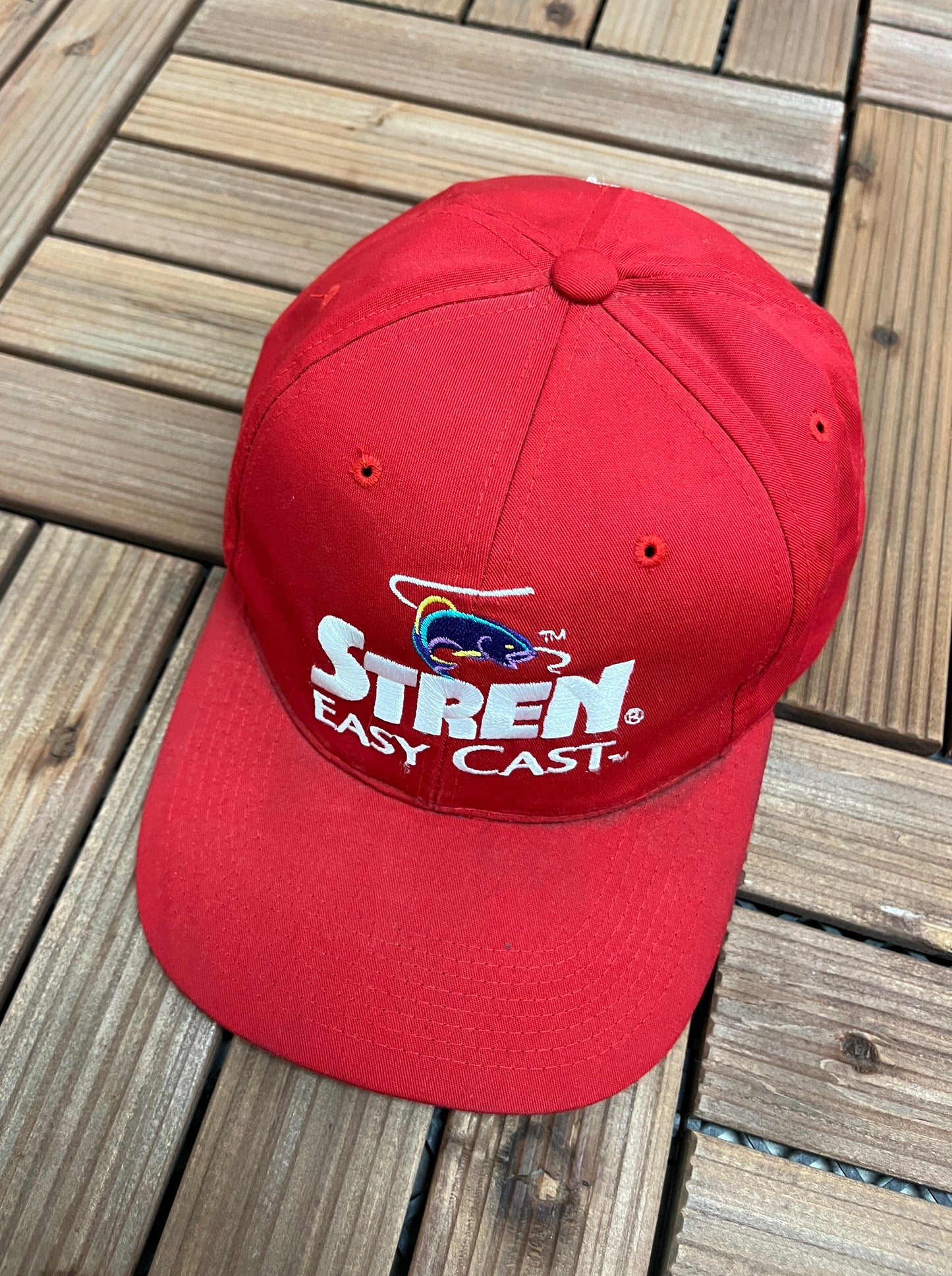Stren Easy Cast Embroidered Graphic Hat | Adjustable With Snap Back | Vintage 1990s Promotional Fishing Red Cap |