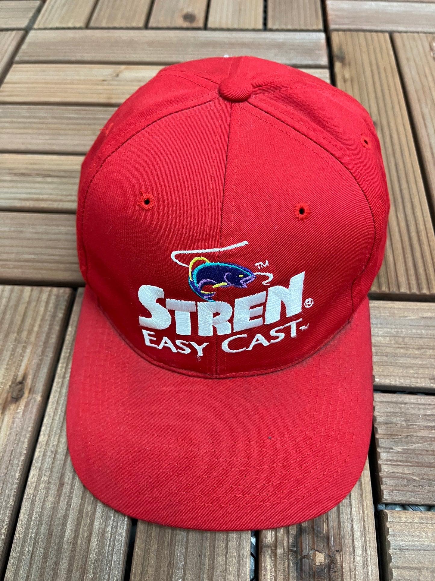 Stren Easy Cast Embroidered Graphic Hat | Adjustable With Snap Back | Vintage 1990s Promotional Fishing Red Cap |