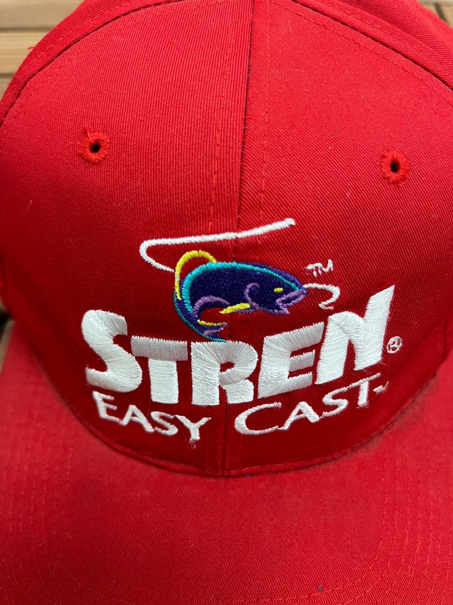 Stren Easy Cast Embroidered Graphic Hat | Adjustable With Snap Back | Vintage 1990s Promotional Fishing Red Cap |