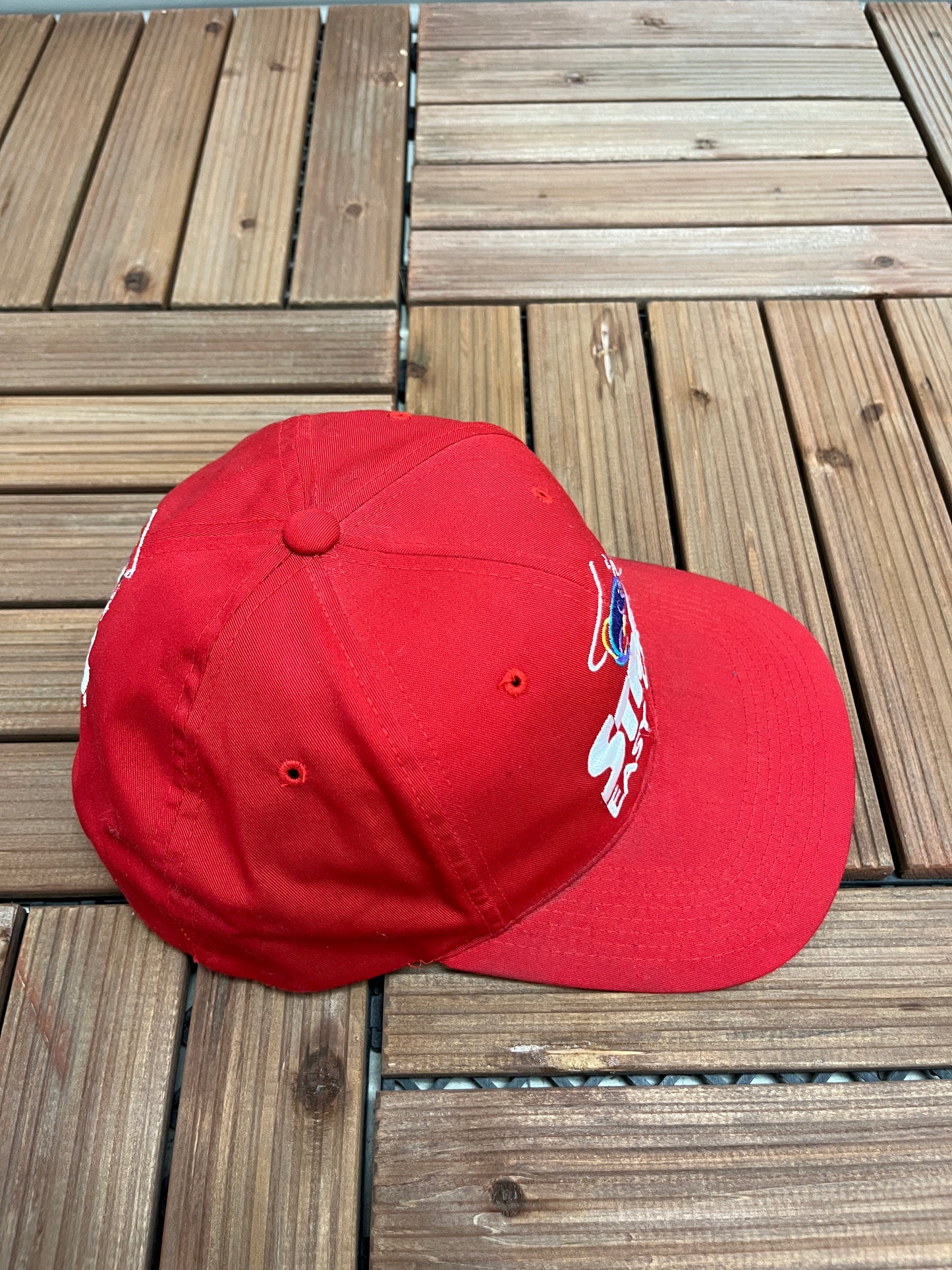 Stren Easy Cast Embroidered Graphic Hat | Adjustable With Snap Back | Vintage 1990s Promotional Fishing Red Cap |
