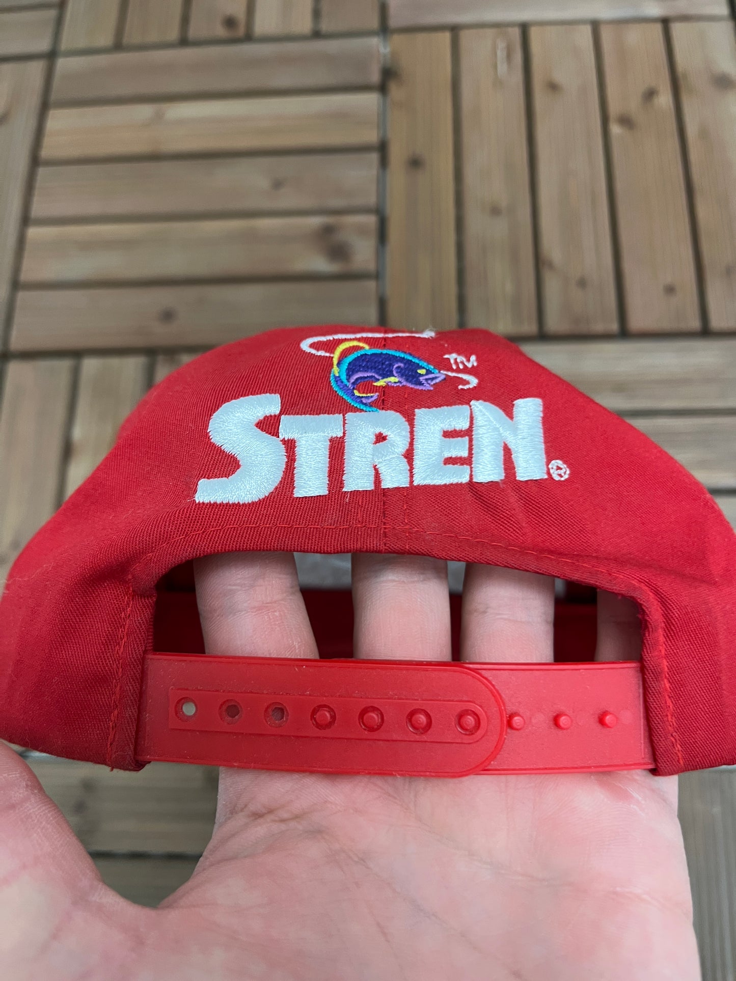 Stren Easy Cast Embroidered Graphic Hat | Adjustable With Snap Back | Vintage 1990s Promotional Fishing Red Cap |