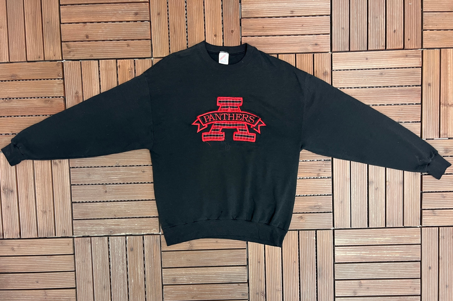 Panthers Embroidered Graphic Crewneck | Size Large | Vintage 1990s High School Football Black Sweater |