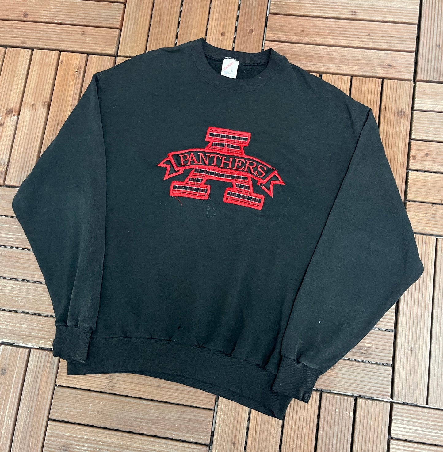 Panthers Embroidered Graphic Crewneck | Size Large | Vintage 1990s High School Football Black Sweater |