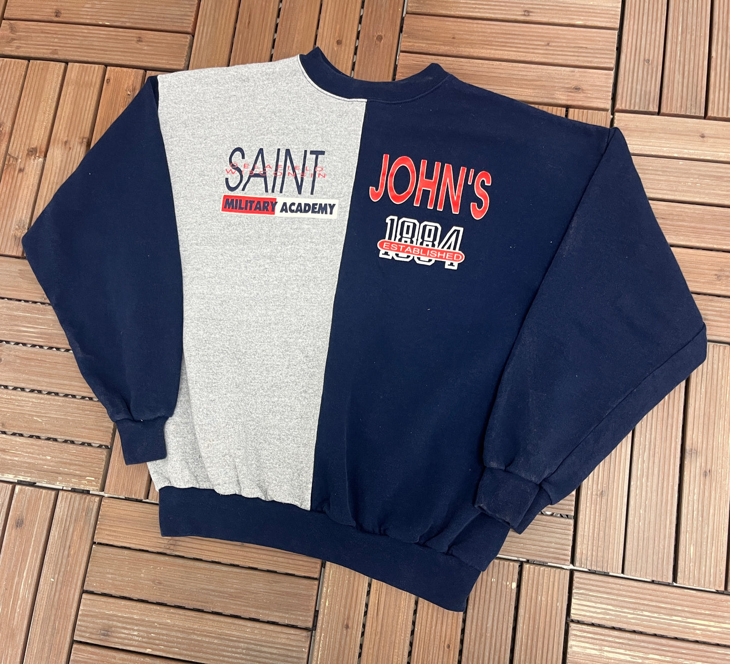 Saint John's Military Academy Graphic Crewneck | Size X-Large | Vintage 1990s Military Promotional Blue Sweater |