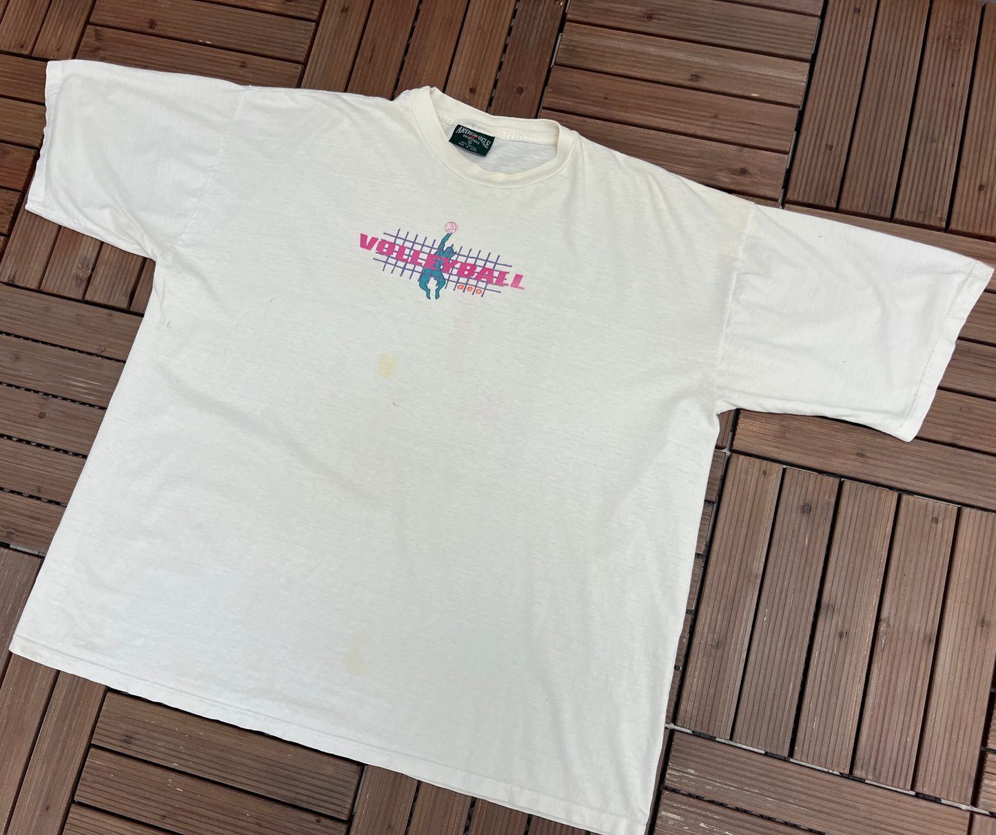 Volleyball Above The Net Graphic Tee | Size X-Large | Vintage 1990s Promotional Sports White T-Shirt |
