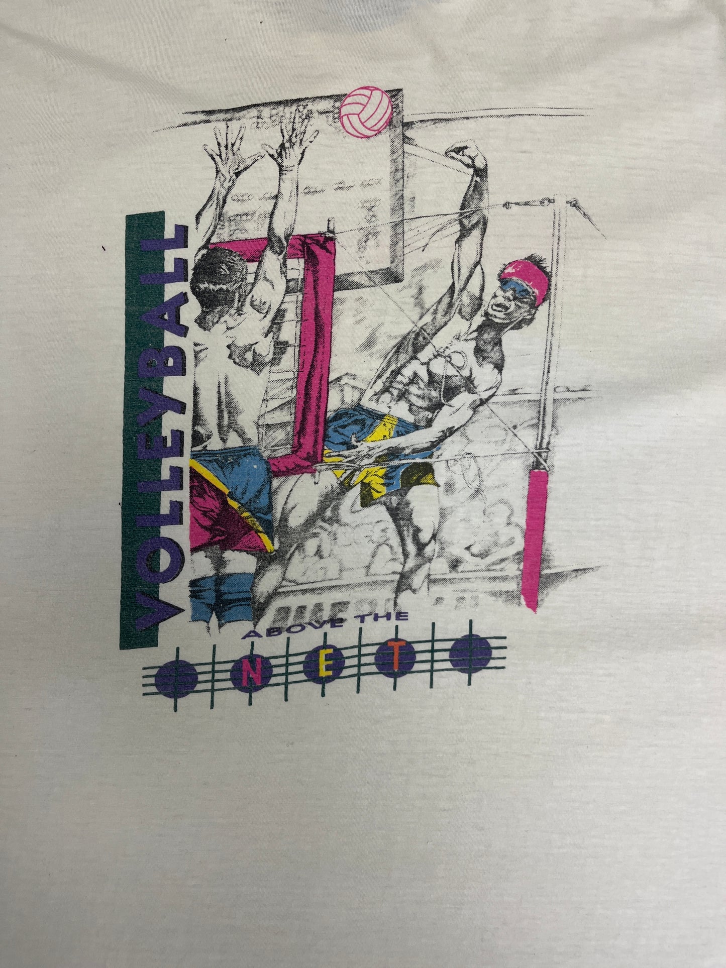 Volleyball Above The Net Graphic Tee | Size X-Large | Vintage 1990s Promotional Sports White T-Shirt |