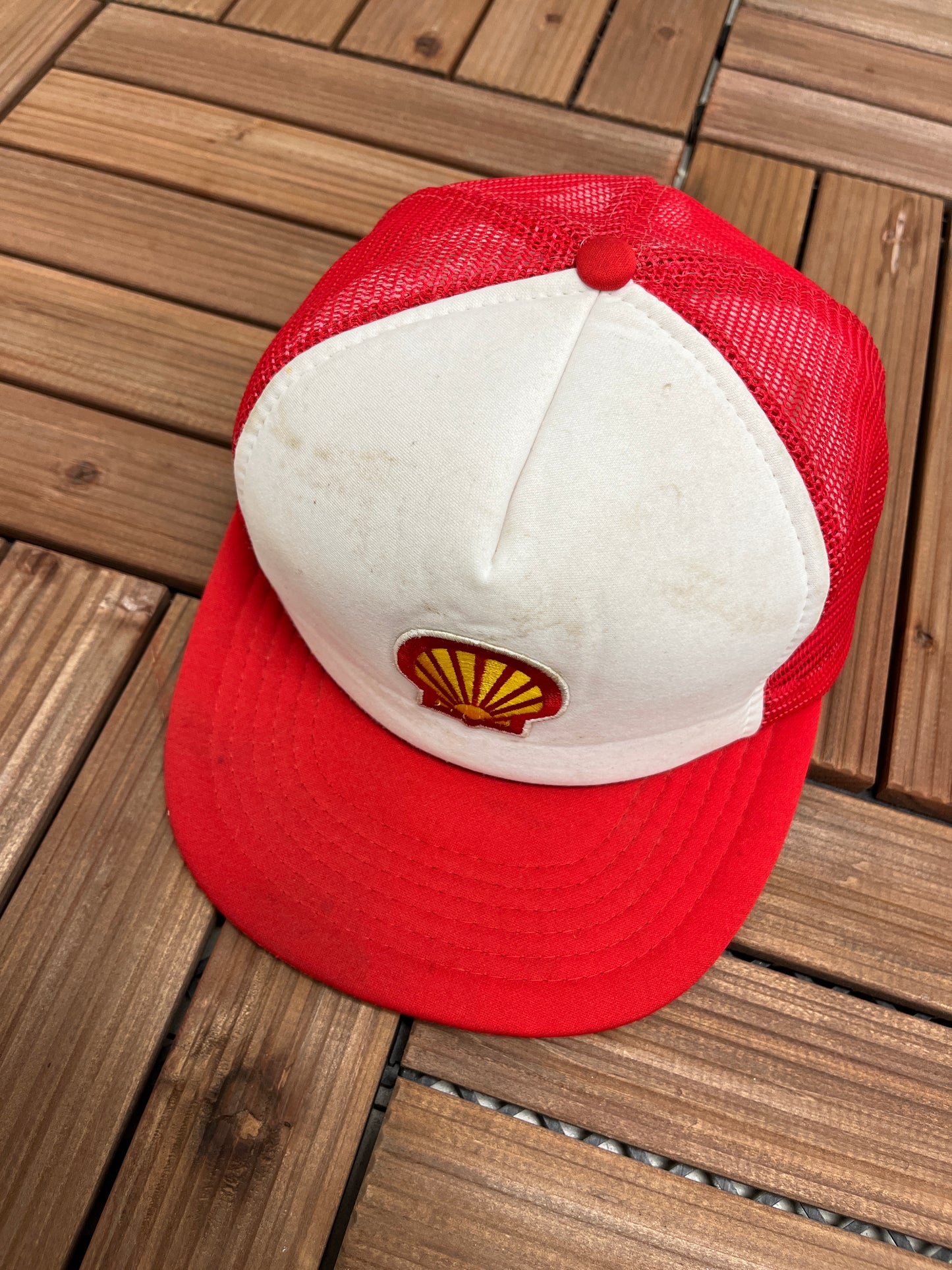 Shell Gas Stations Graphic Hat | One Size With A Snap Back | Vintage 1990s Promotional Red & White Trucker Cap |