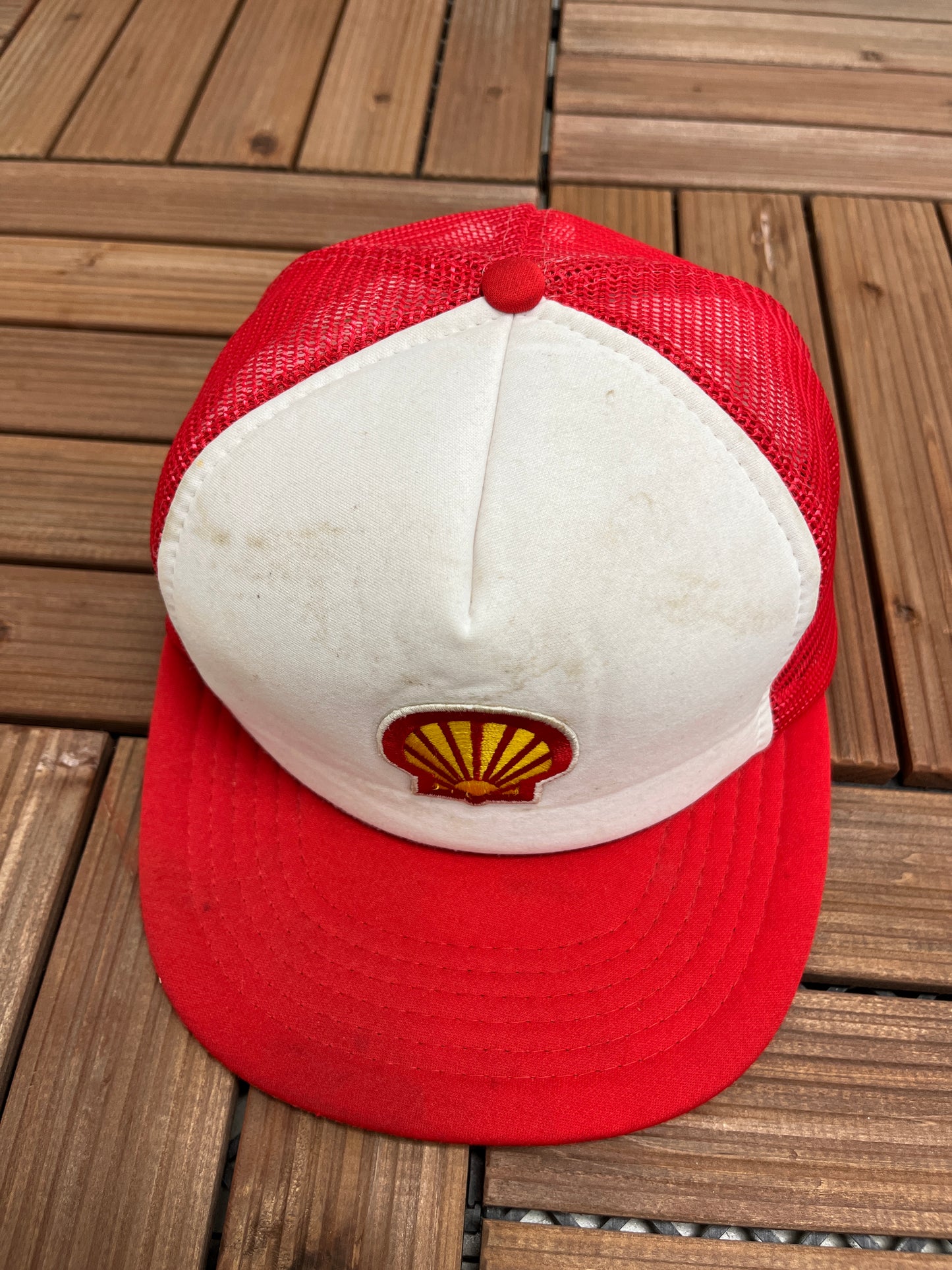 Shell Gas Stations Graphic Hat | One Size With A Snap Back | Vintage 1990s Promotional Red & White Trucker Cap |