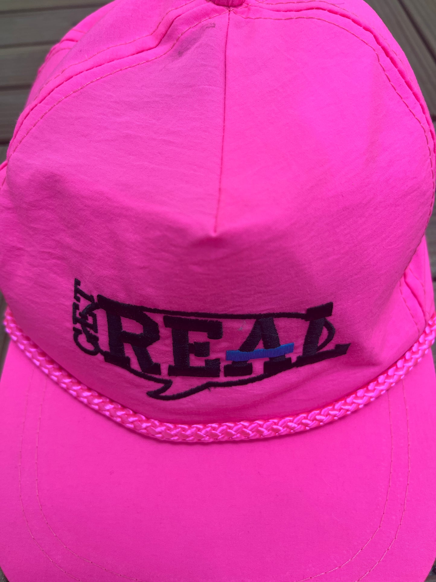 Get Real Embroidered Graphic Hat | Adjustable With Snap Back | Vintage 1990s Promotional Pink Cap |
