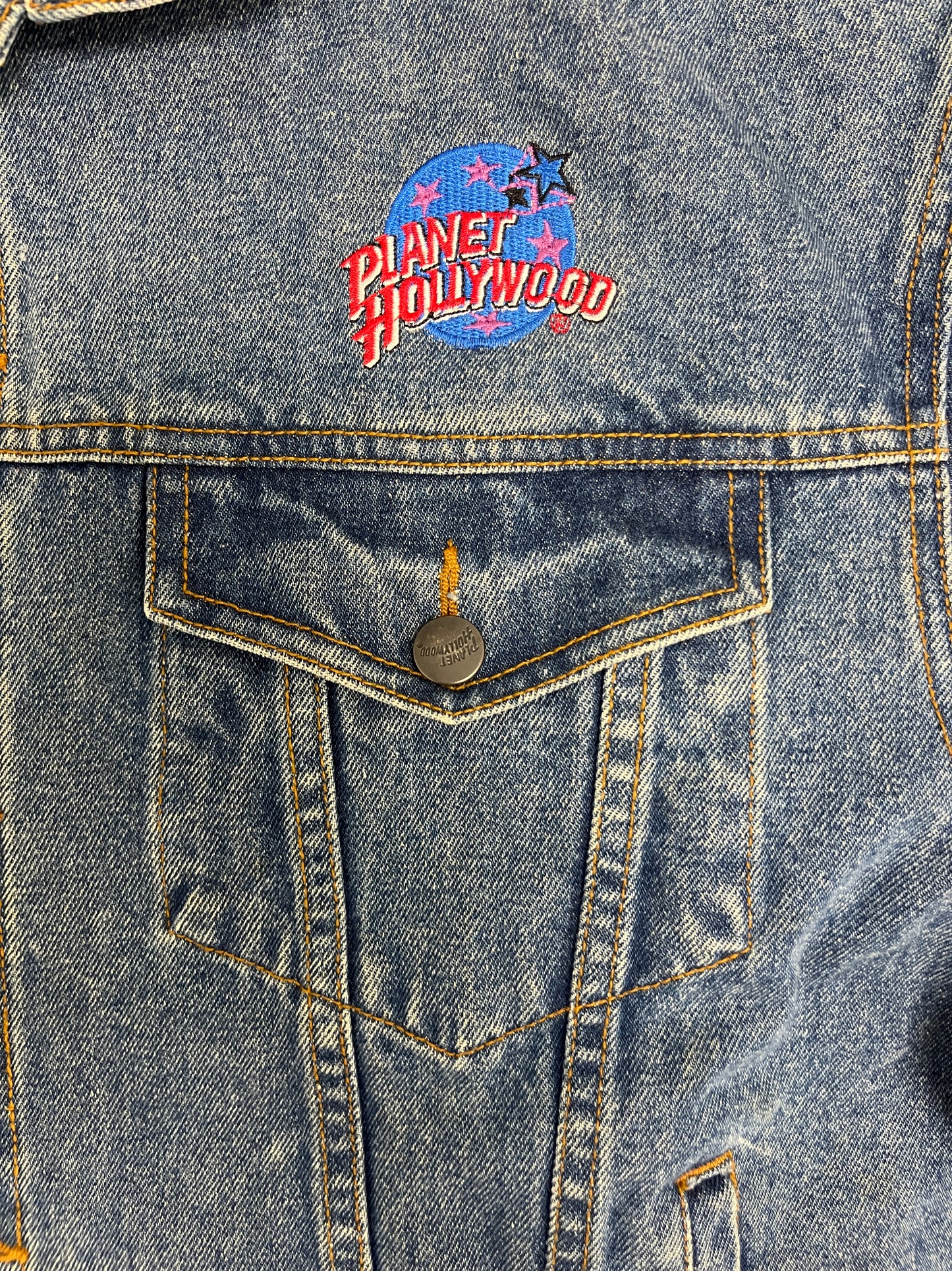 Planet Hollywood Stitched Denim Jacket | Size X-Large | Vintage 1990s Blue Promotional Jean Jacket |