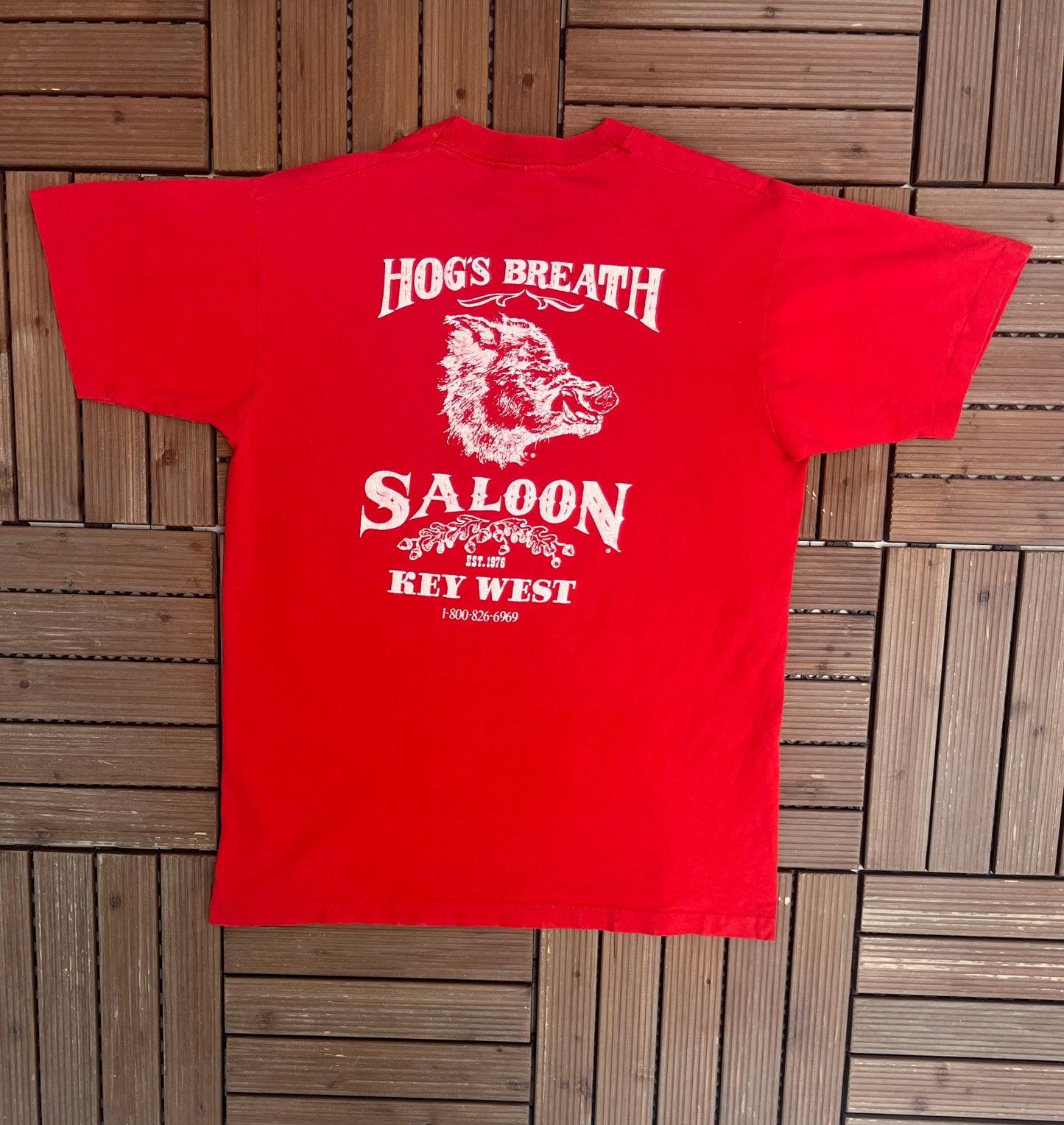 Hog's Breath Saloon Graphic Tee | Size Large | Vintage 1990s Promotional Saloon Red T-Shirt | Made in USA |