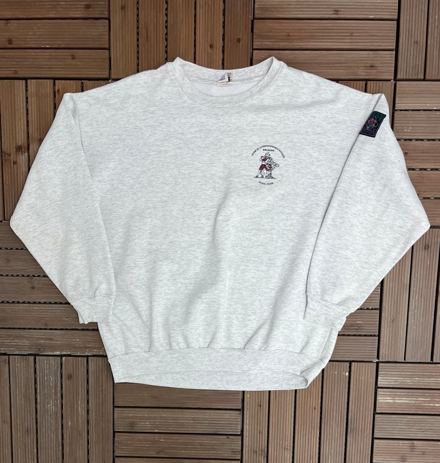 Centre De Conditionnement Physique Fitness Center Graphic Crewneck | Size Large | Vintage 1990s Promotional Grey Sweater |