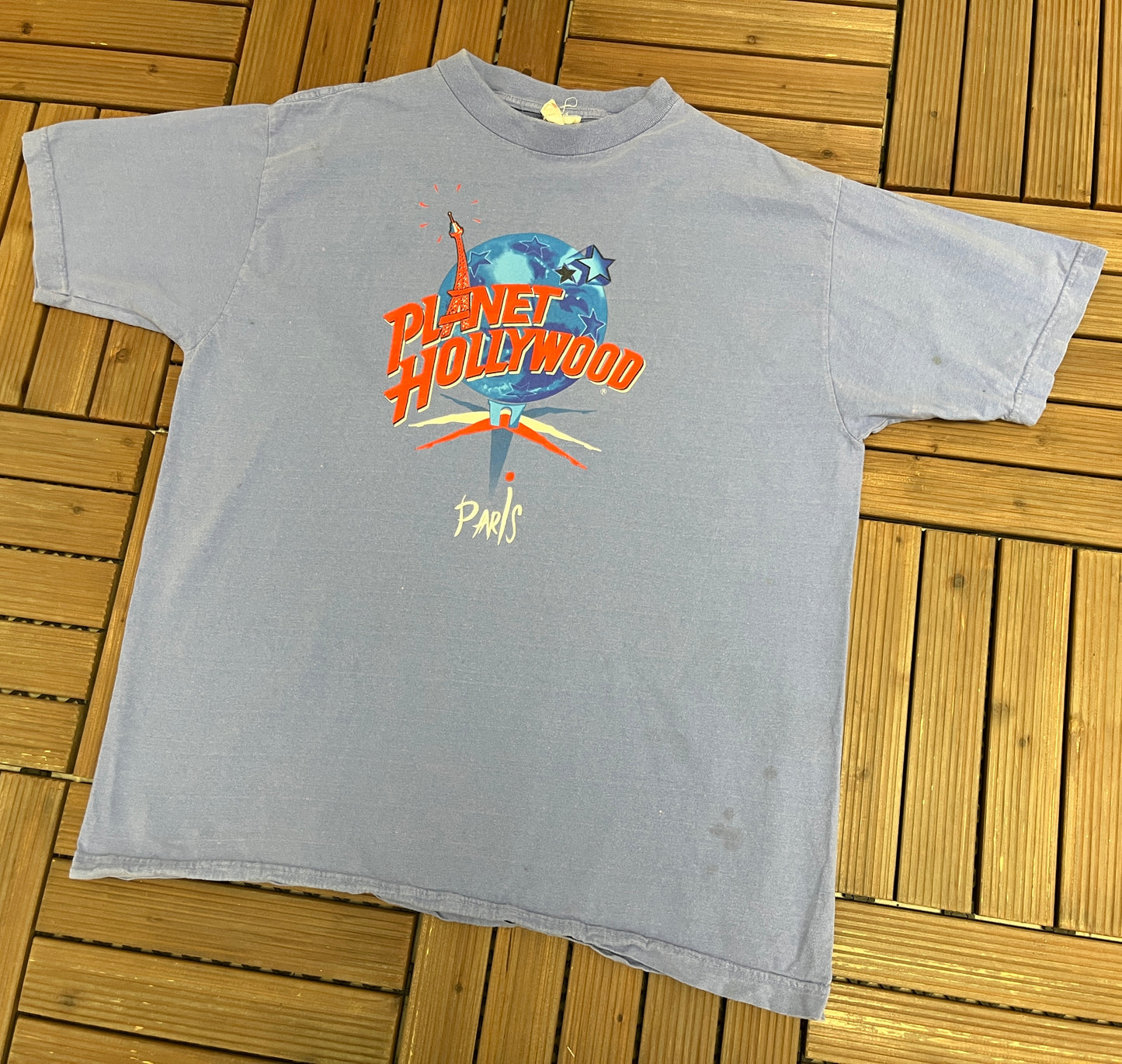 Planet Hollywood Paris Graphic Tee | Size Large | Vintage 1990s Tourist Promotional Blue T-Shirt |