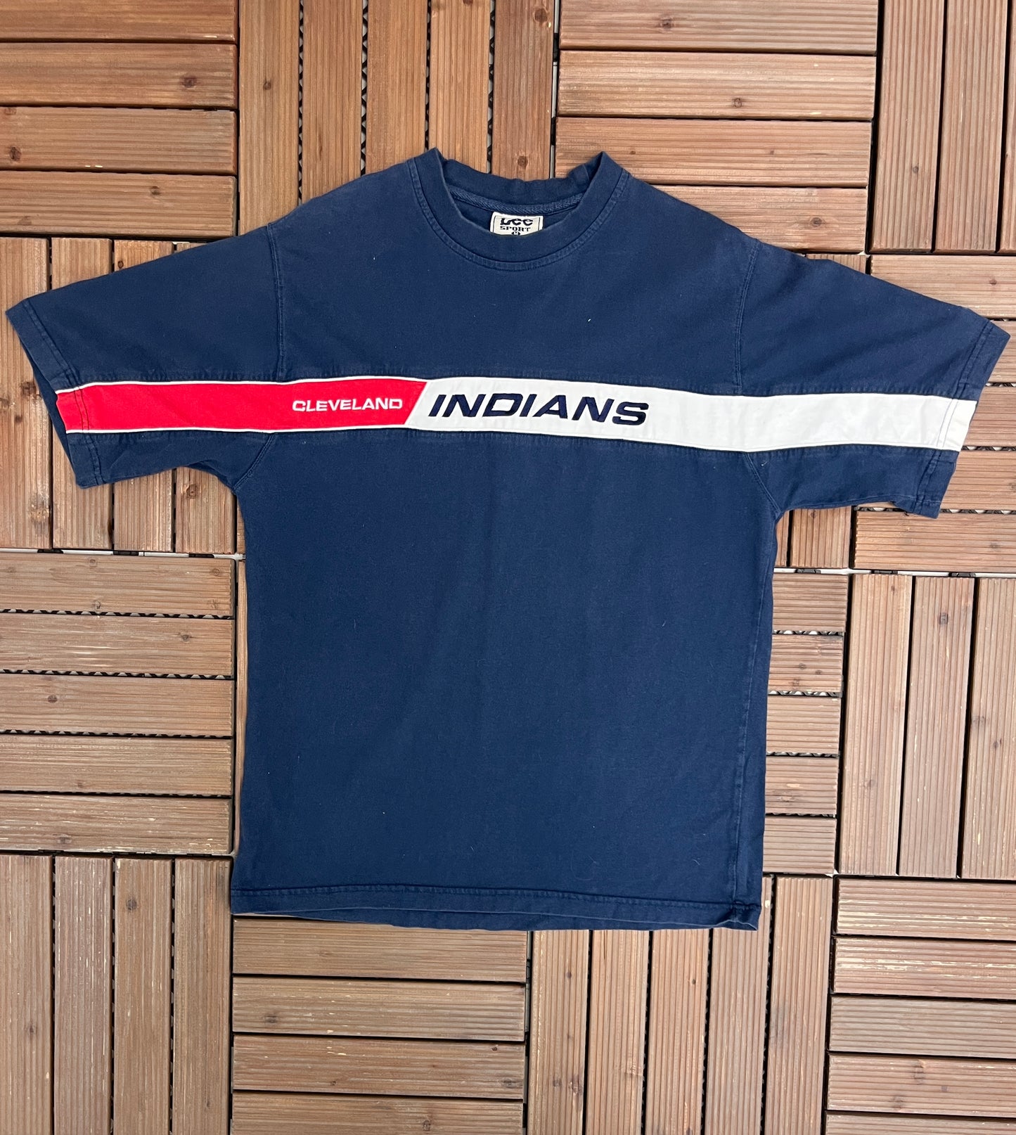 Cleveland Indians Embroidered Graphic Tee | Size Medium | Vintage 1990s MLB Baseball Blue T-Shirt |