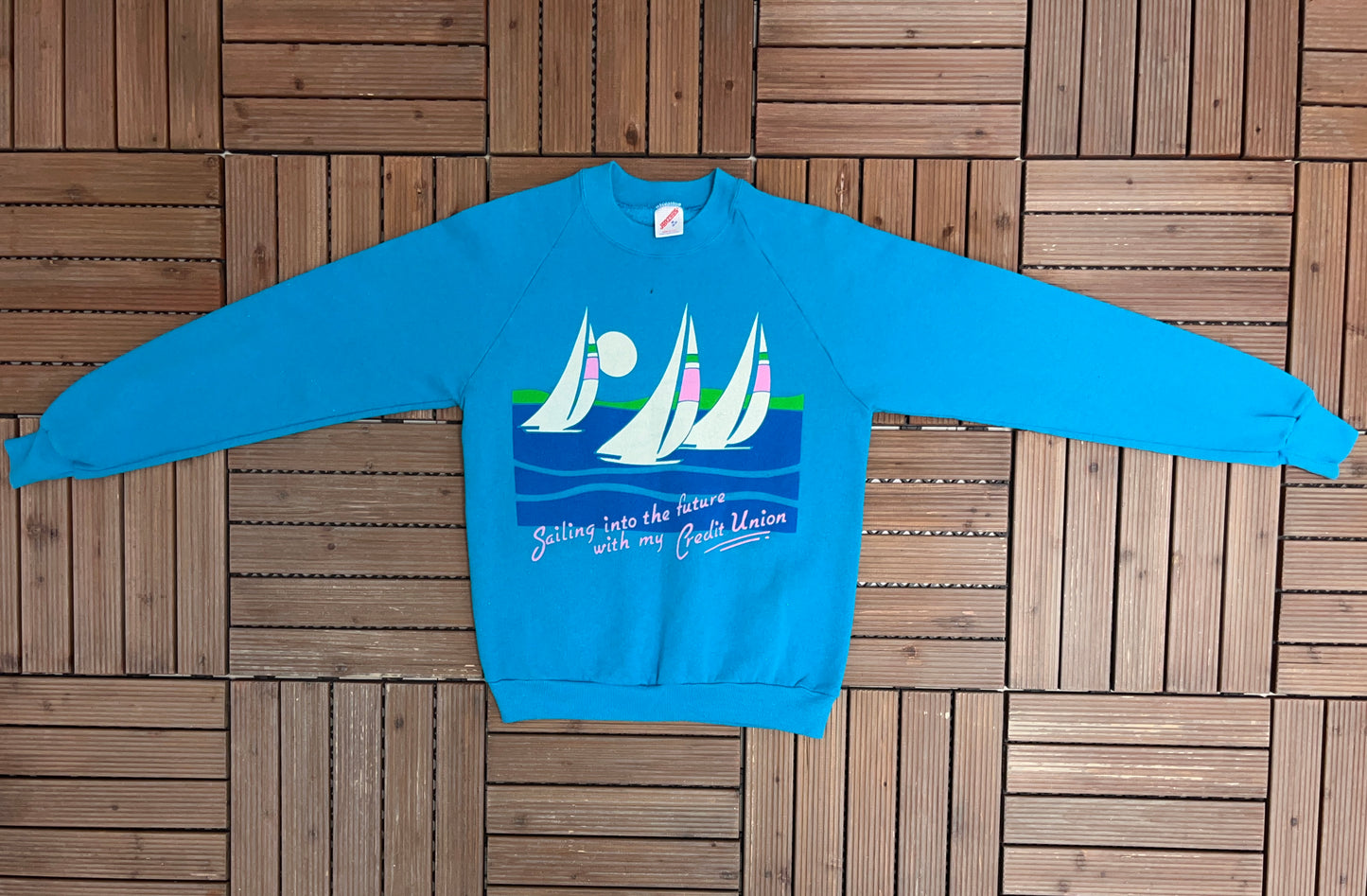 Sailing Into The Future With My Credit Union Graphic Crewneck | Size Medium | Vintage 1980s Made in USA Blue Sweater |