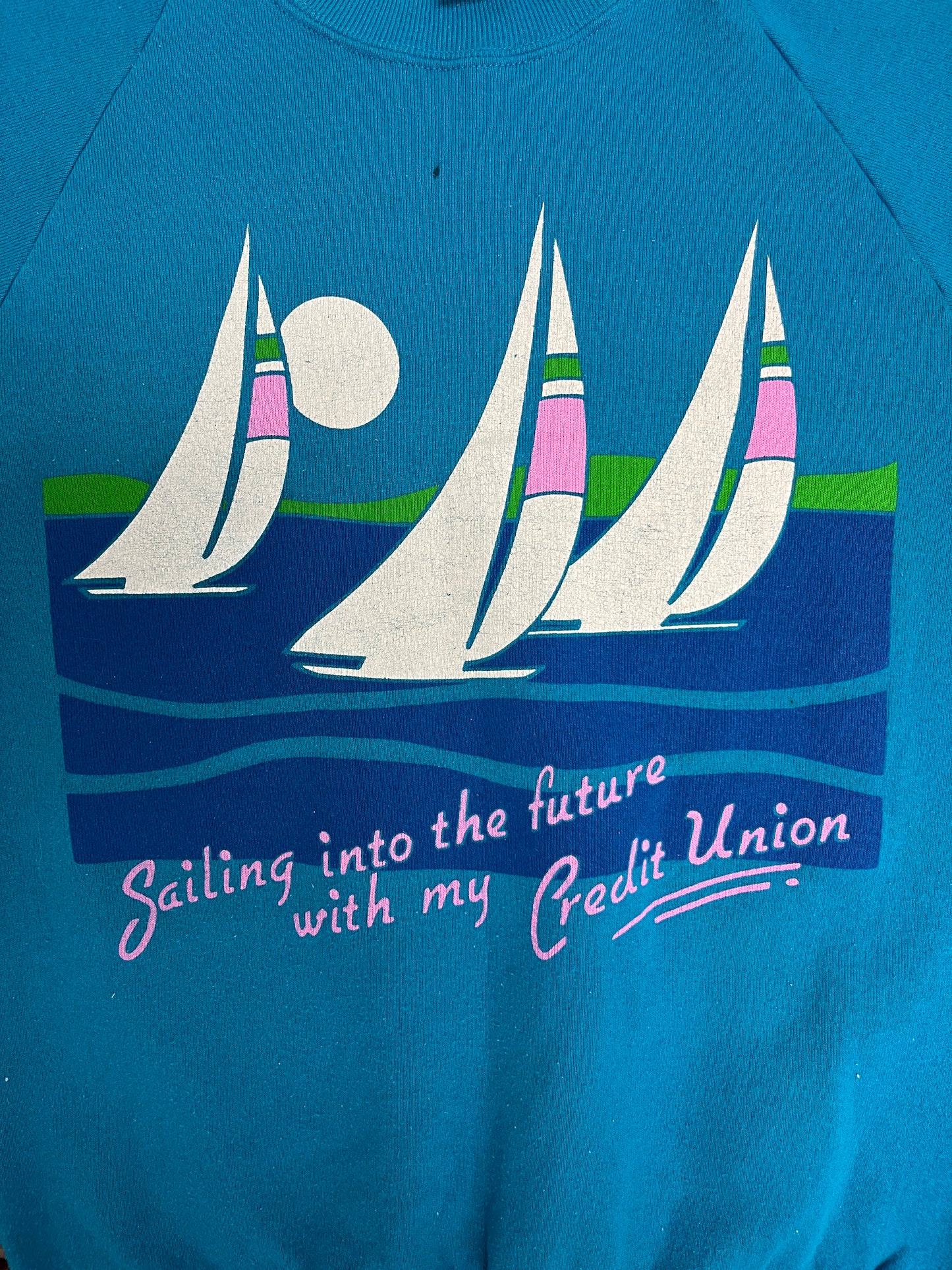 Sailing Into The Future With My Credit Union Graphic Crewneck | Size Medium | Vintage 1980s Made in USA Blue Sweater |