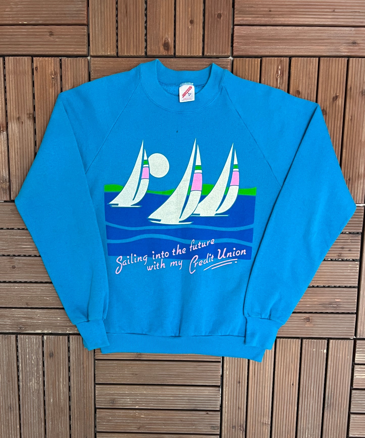 Sailing Into The Future With My Credit Union Graphic Crewneck | Size Medium | Vintage 1980s Made in USA Blue Sweater |