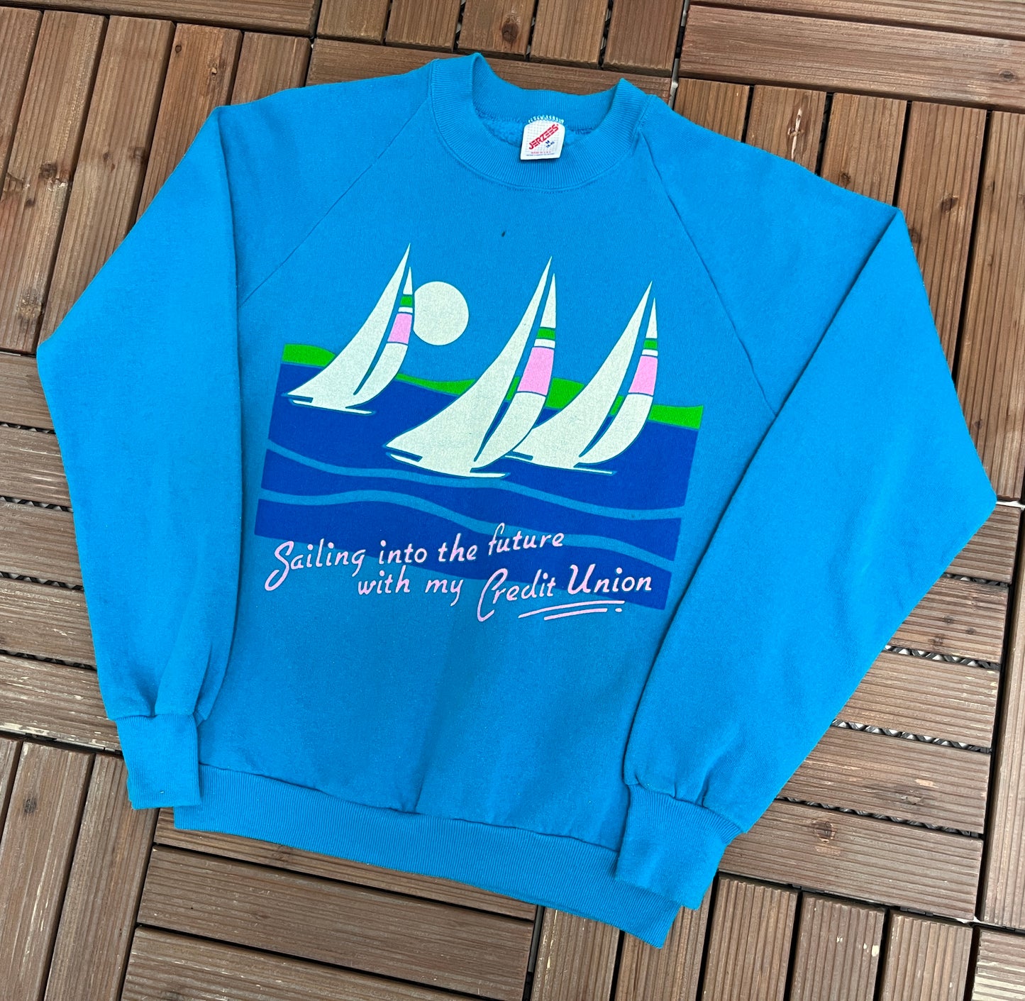 Sailing Into The Future With My Credit Union Graphic Crewneck | Size Medium | Vintage 1980s Made in USA Blue Sweater |