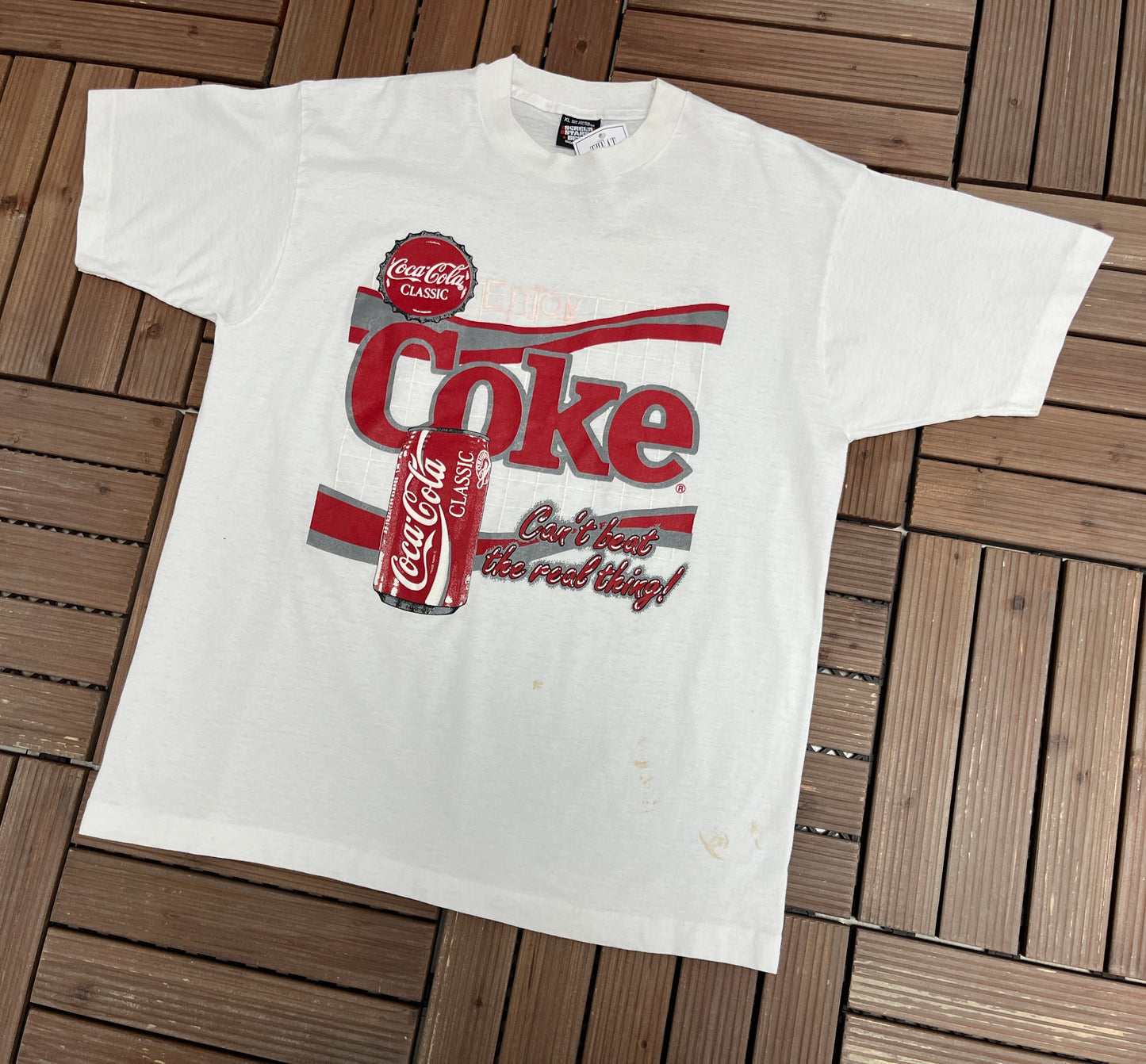 Enjoy Coke Graphic Tee | Size X-Large | Vintage 1990s Beverage Promotional White T-Shirt |