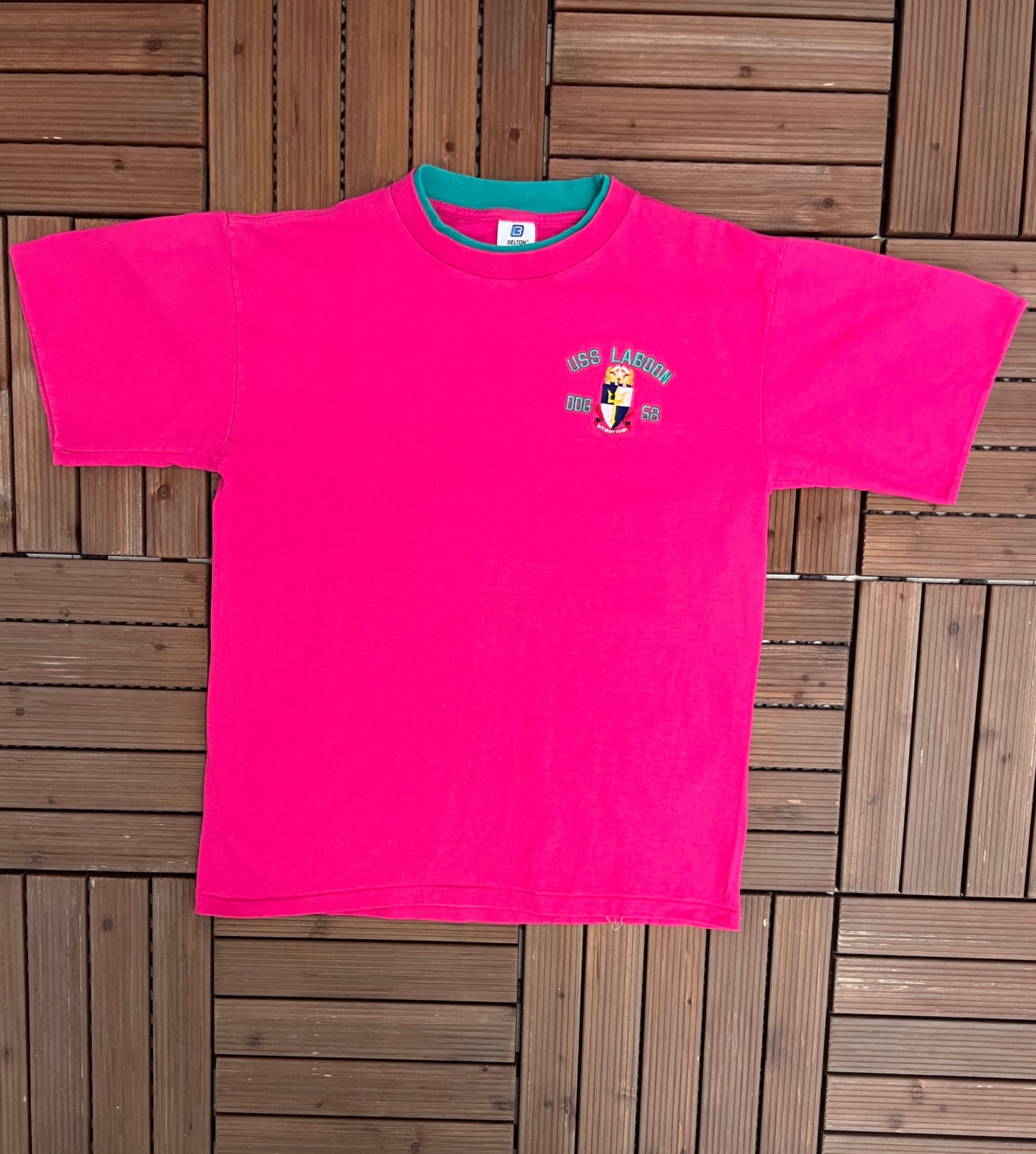 USS Laboon (DDG-58) Embroidered Graphic Tee | Size Large | Vintage 1990s Single Stitch Pink T-Shirt |