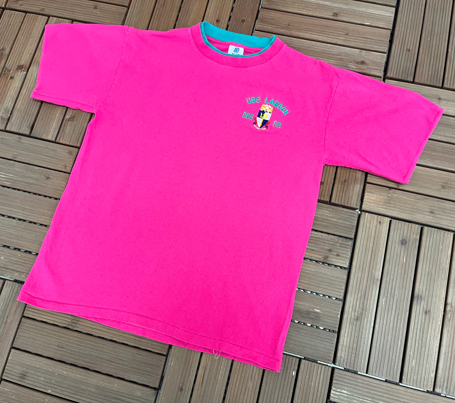 USS Laboon (DDG-58) Embroidered Graphic Tee | Size Large | Vintage 1990s Single Stitch Pink T-Shirt |