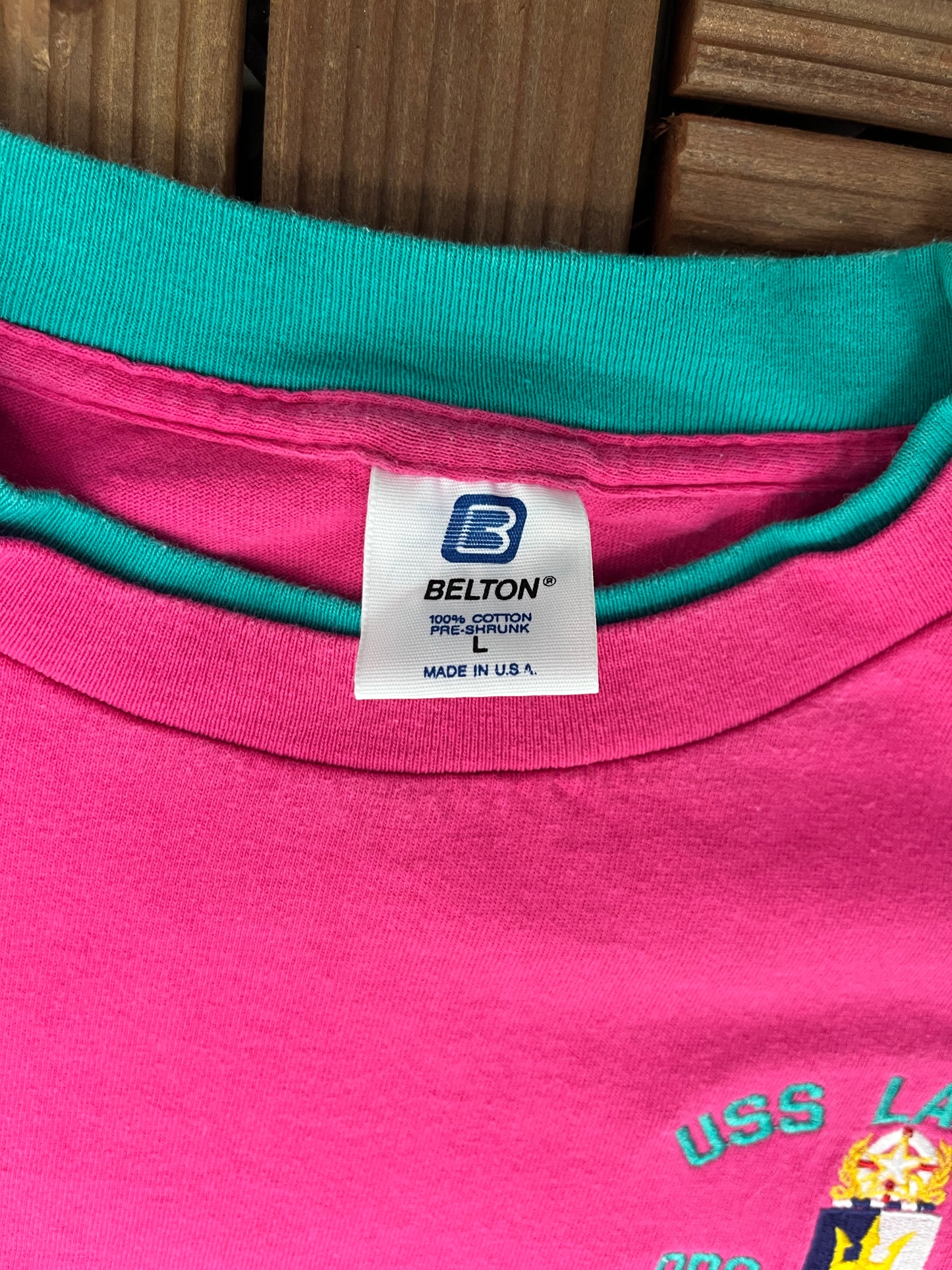 USS Laboon (DDG-58) Embroidered Graphic Tee | Size Large | Vintage 1990s Single Stitch Pink T-Shirt |
