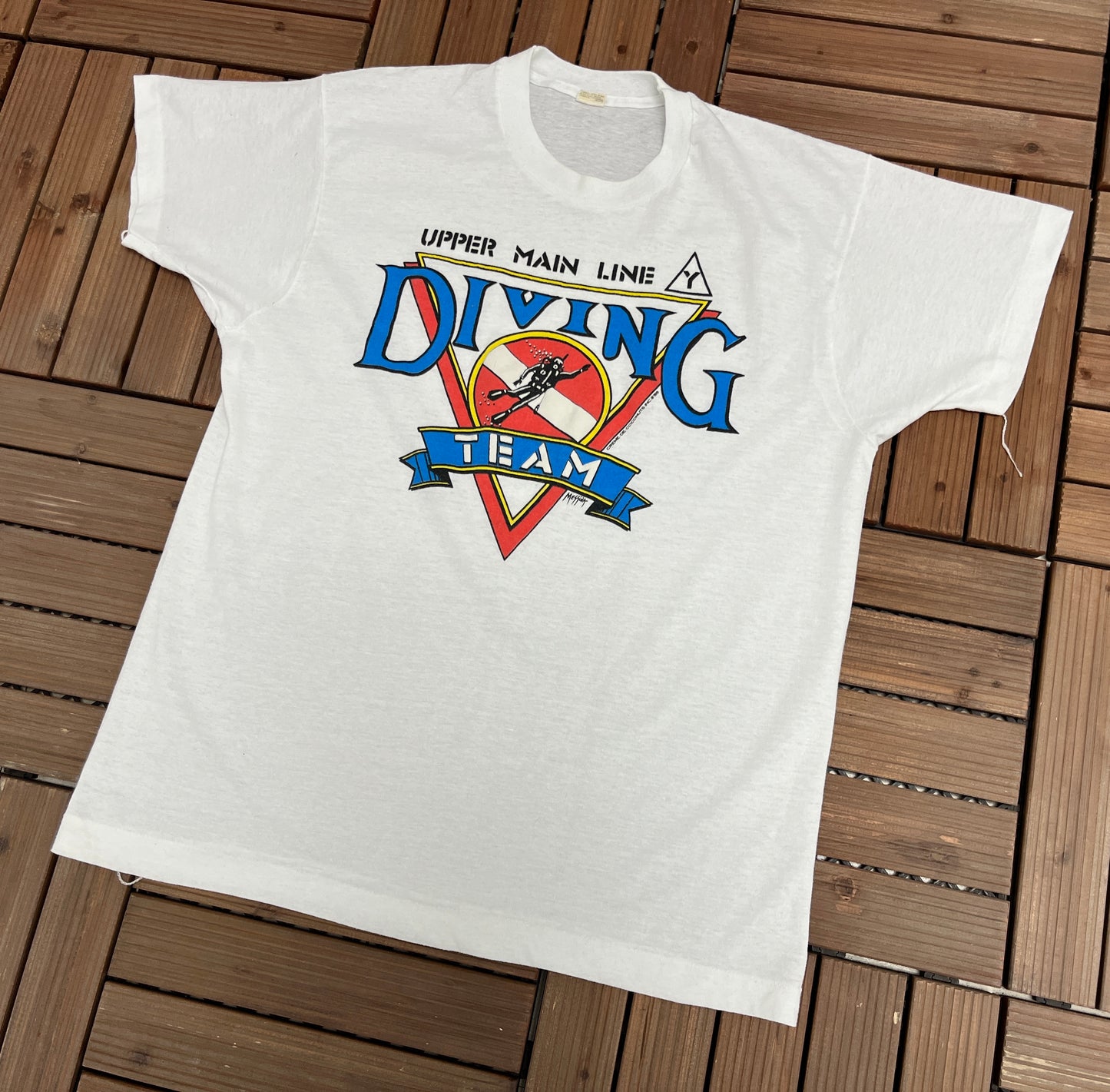 Upper Main Line Diving Team Graphic Tee | Size X-Large | Vintage 1980s Single Stitch White T-Shirt |