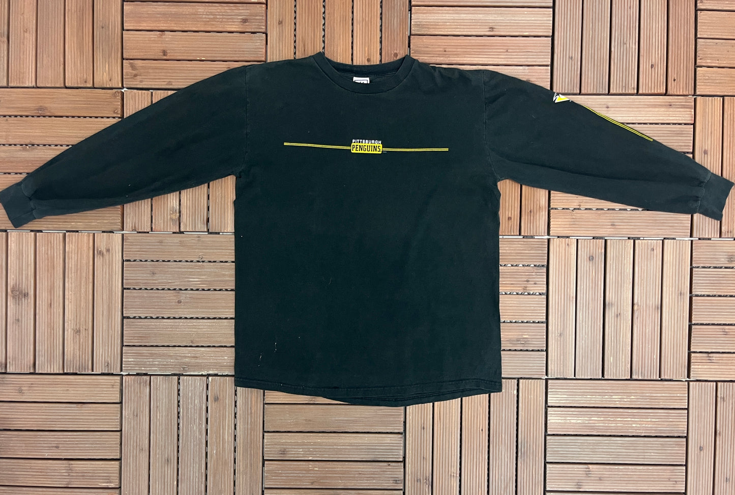 Pittsburgh Penguins Small Logo Graphic Tee | Size Large | Vintage 1990s NHL Hockey Black Long Sleeve T-Shirt | Free Shipping to USA |