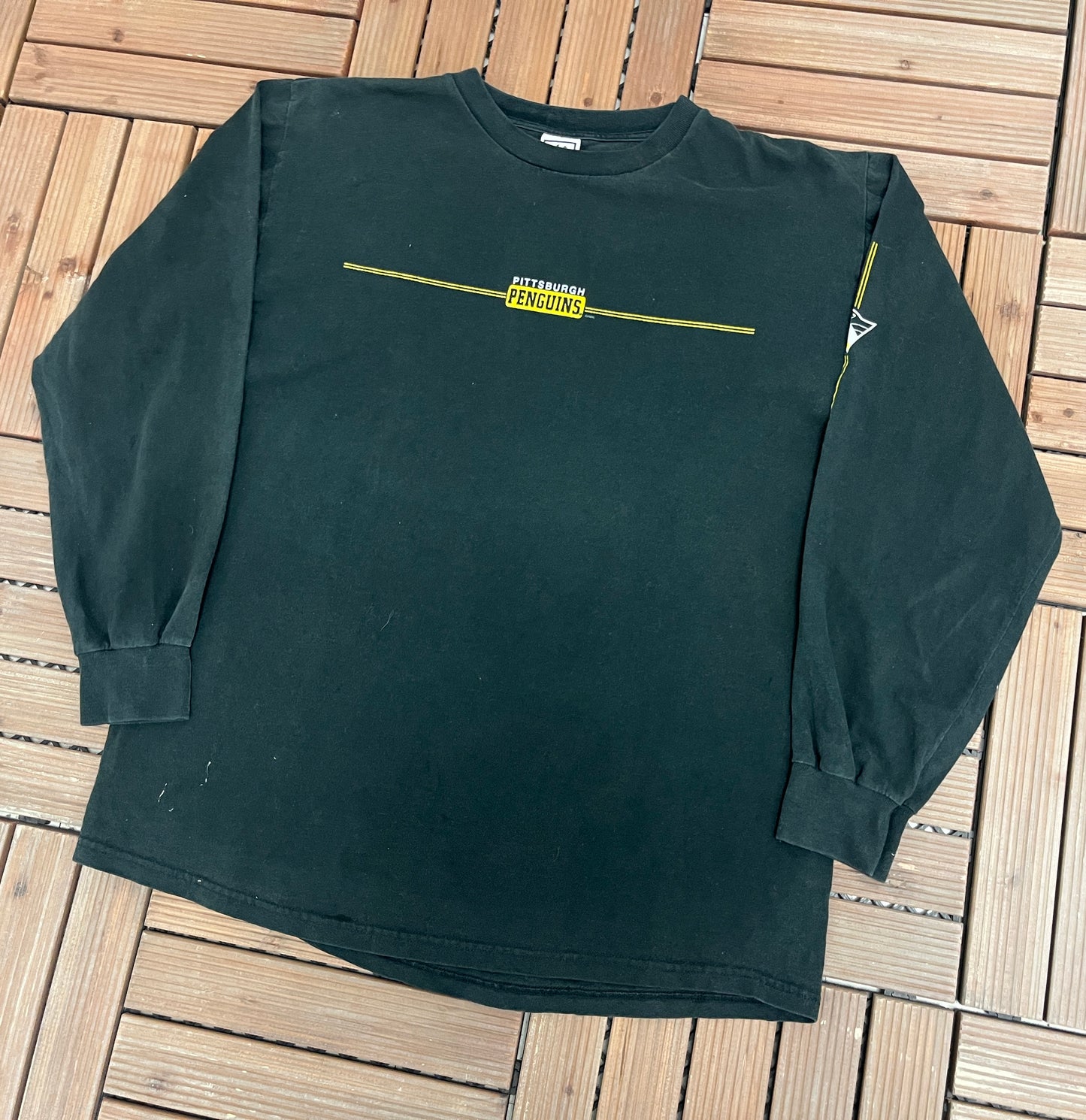 Pittsburgh Penguins Small Logo Graphic Tee | Size Large | Vintage 1990s NHL Hockey Black Long Sleeve T-Shirt | Free Shipping to USA |