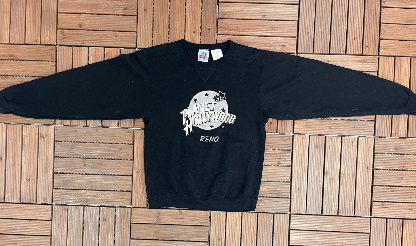 Planet Hollywood Reno Graphic Crewneck | Size Small | Vintage 1990s Tourist Promotional Black Sweater |