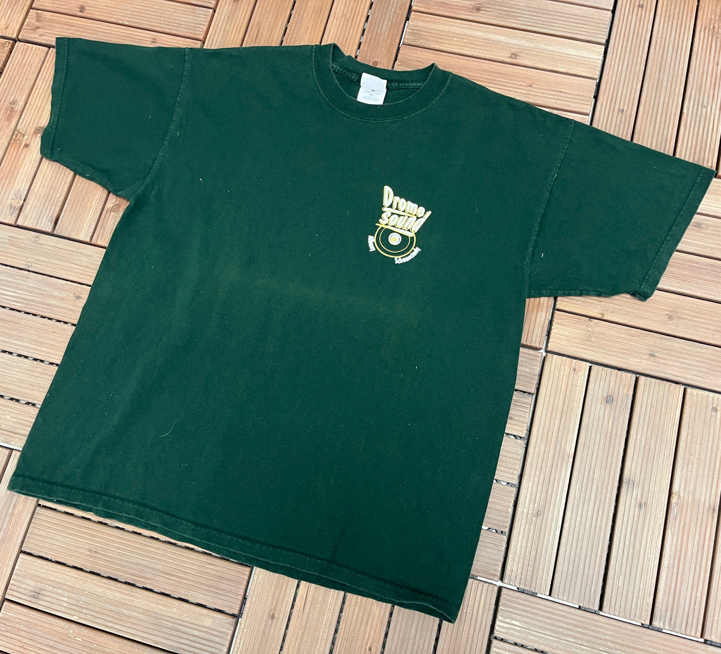 Drome Sound Music Store Graphic Tee | Size X-Large | Vintage 2000s Promotional Green T-Shirt |