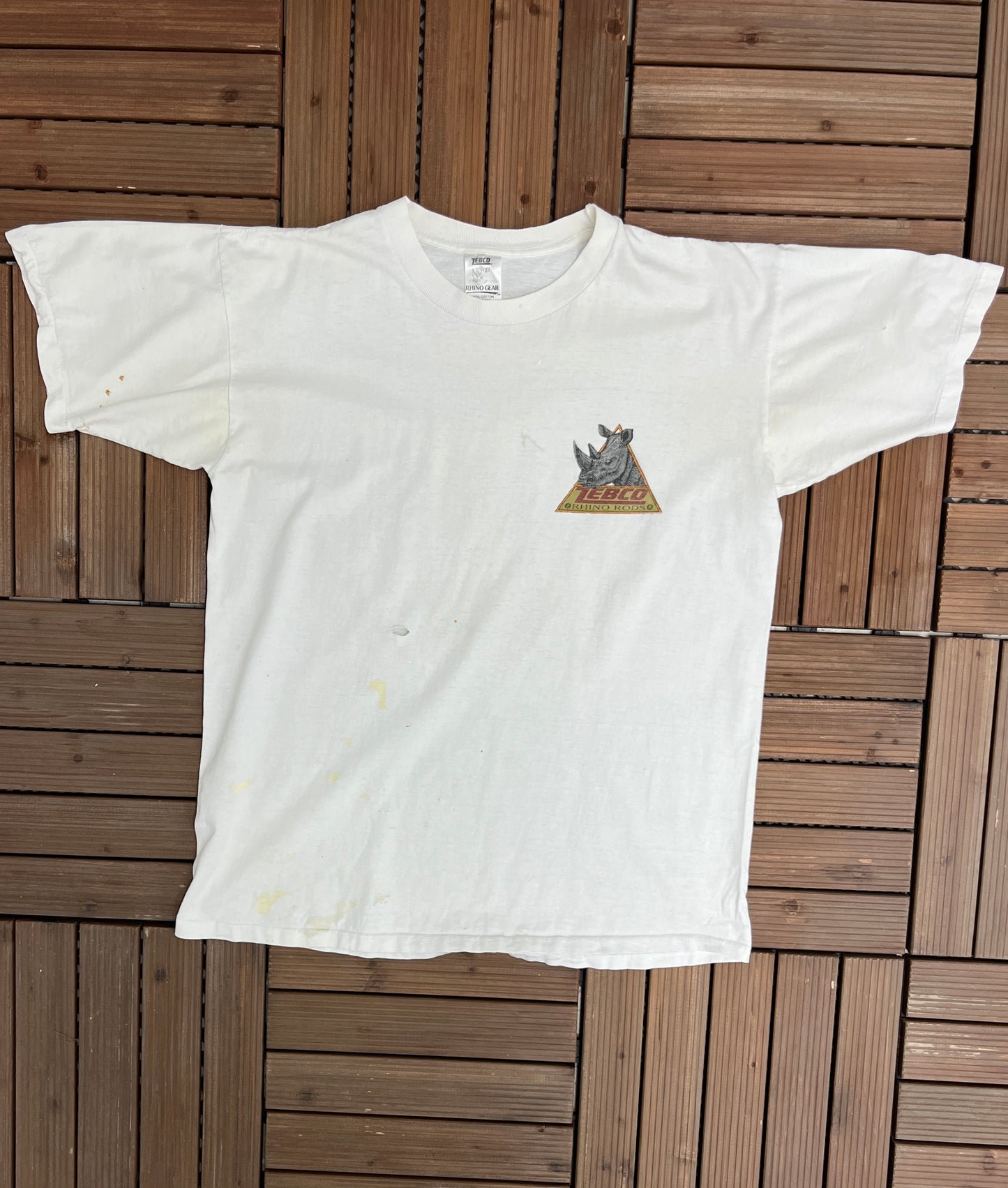 Zebco Rhino Rods Fishing Graphic Tee | Size Large | Vintage 1990s Distressed Promotional White T-Shirt | Made in USA |