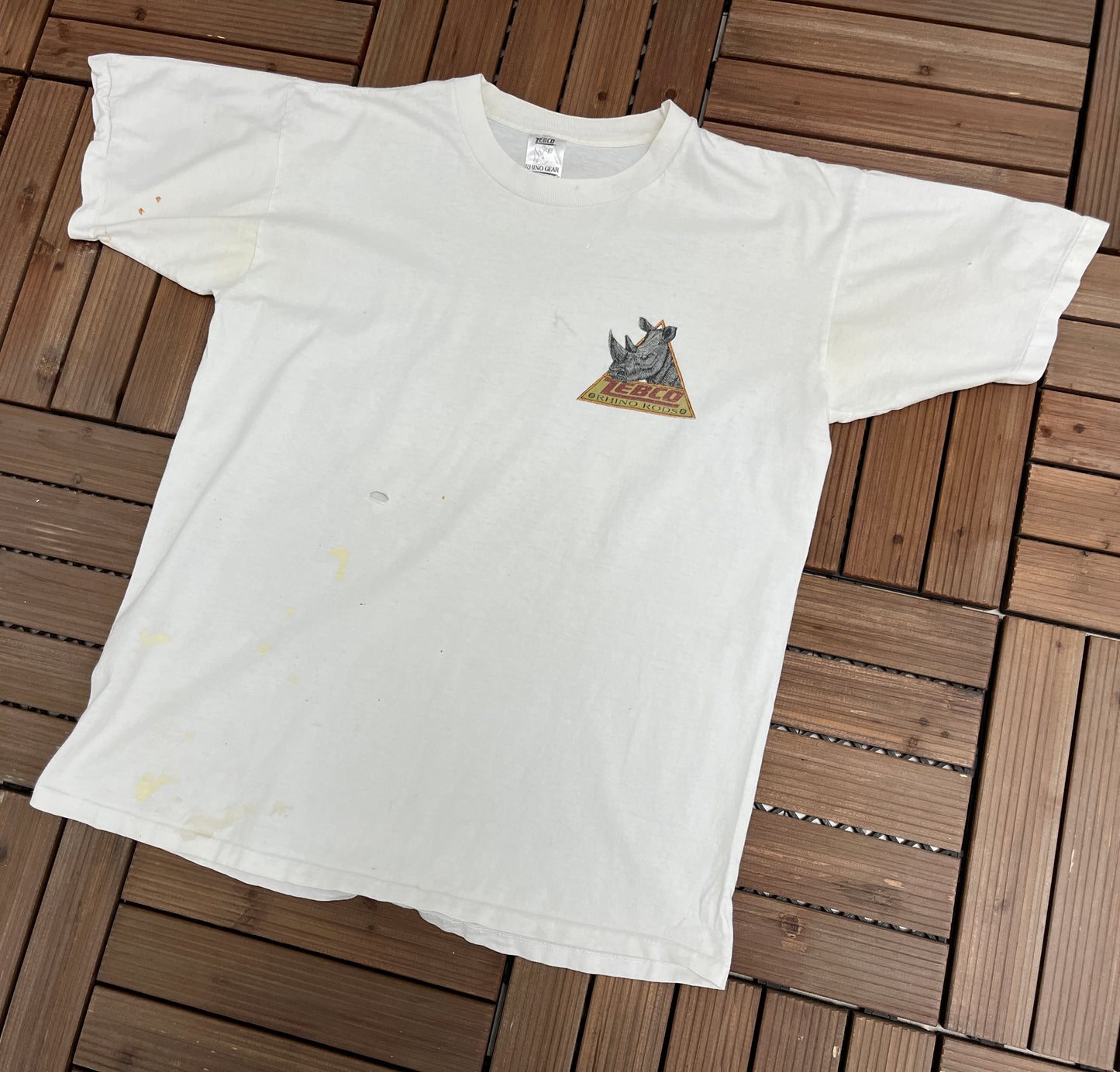 Zebco Rhino Rods Fishing Graphic Tee | Size Large | Vintage 1990s Distressed Promotional White T-Shirt | Made in USA |